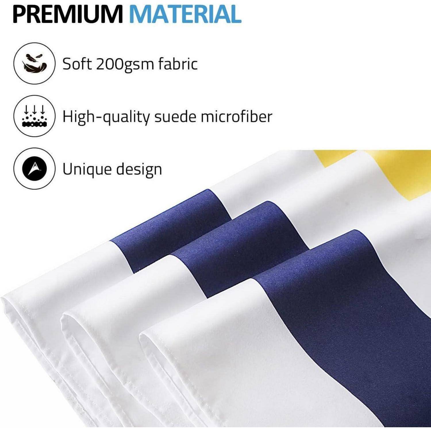 Premium Material' wird hervorgehoben; aufgelistete Merkmale sind 'Weicher 200 g/m² Stoff', 'Hochwertiges Wildleder-Mikrofaser', und 'Einzigartiges Design'. Bild zeigt blau und weiß gefaltetes Fabrikmaterial.