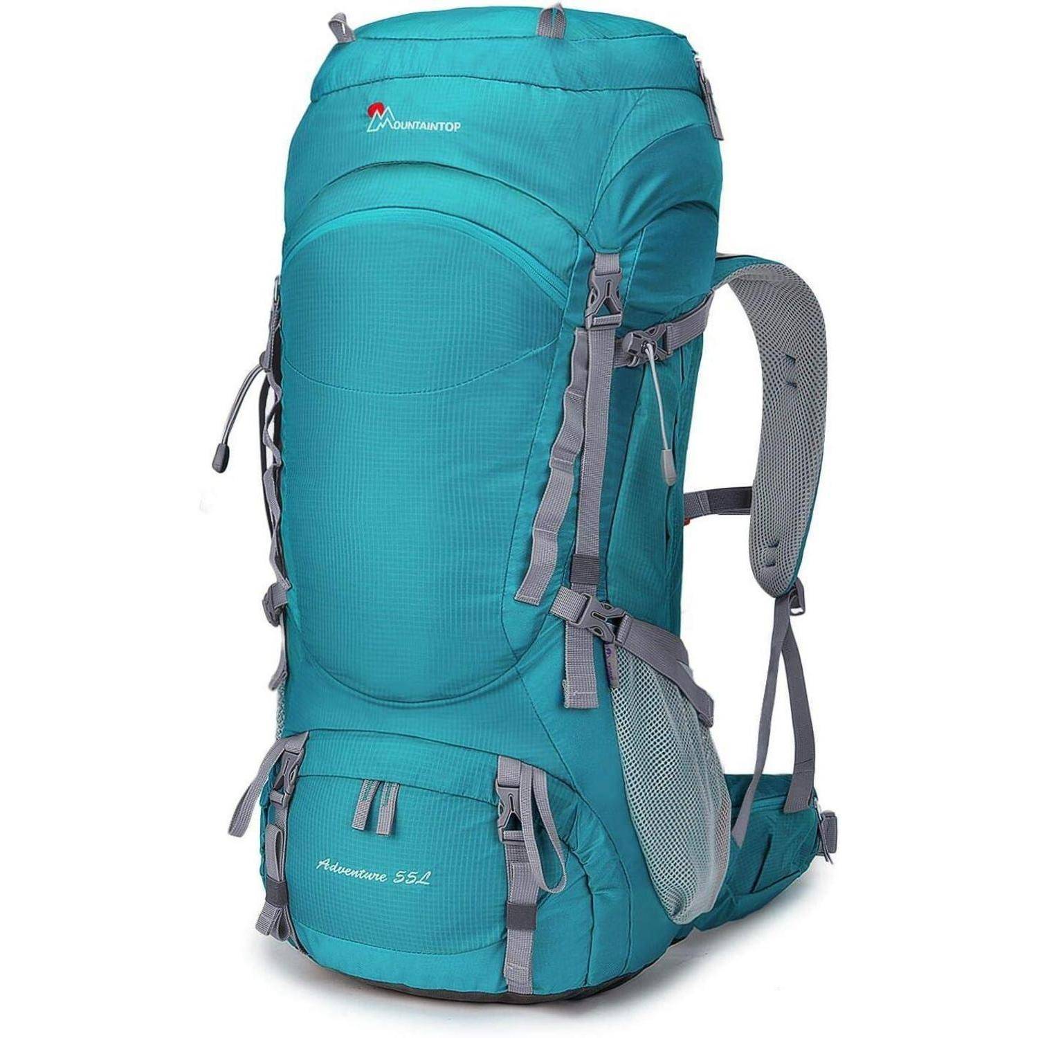 Petrolblauer Wanderrucksack mit mehreren Riemen und Taschen, entwickelt für Outdoor-Aktivitäten und effizientes Transportieren von Ausrüstung.