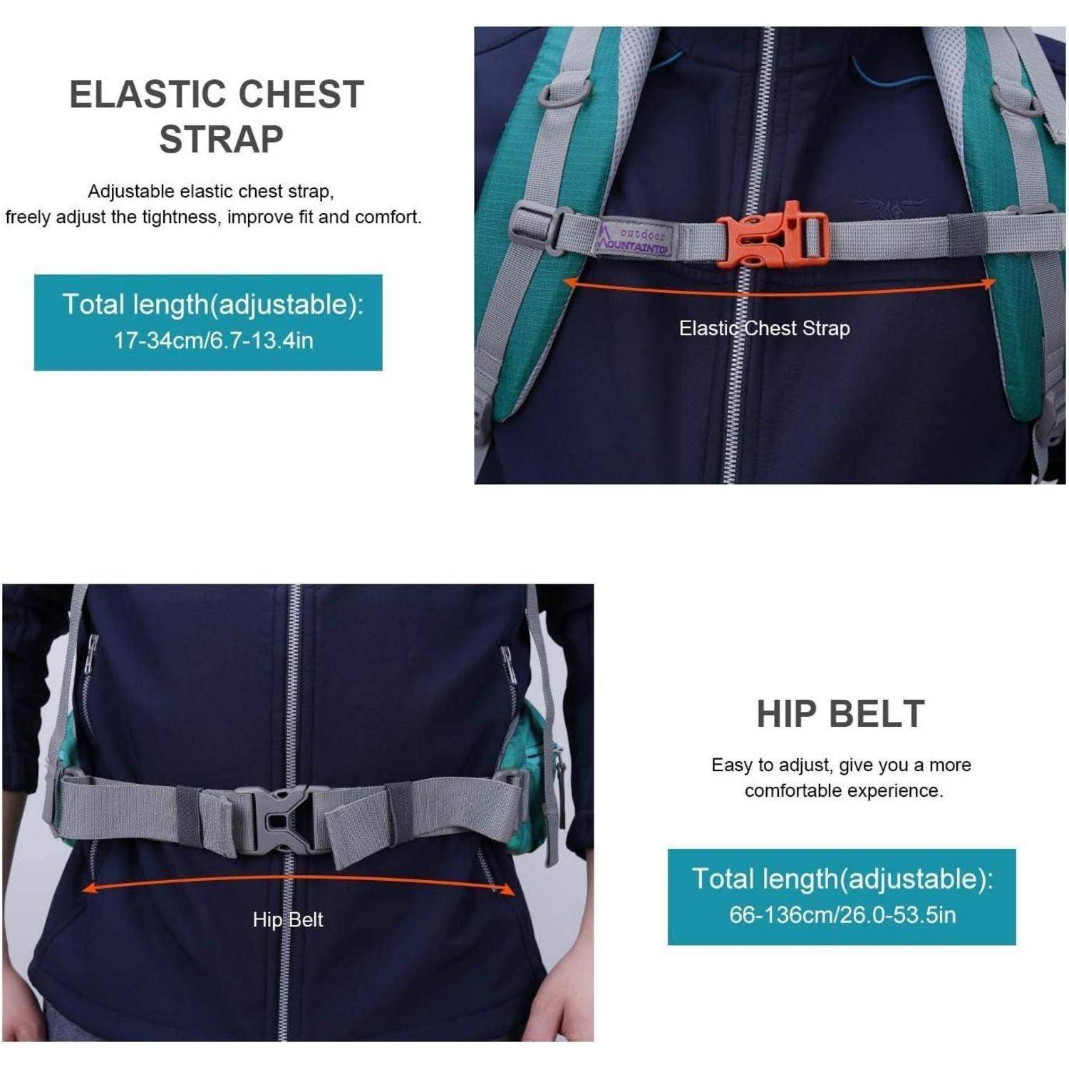 Rucksack mit verstellbarem elastischem Brustgurt und Hüftgurt. Brustgurt: 17-34cm/6,7-13,4 Zoll. Hüftgurt: 66-136cm/26,0-53,5 Zoll.