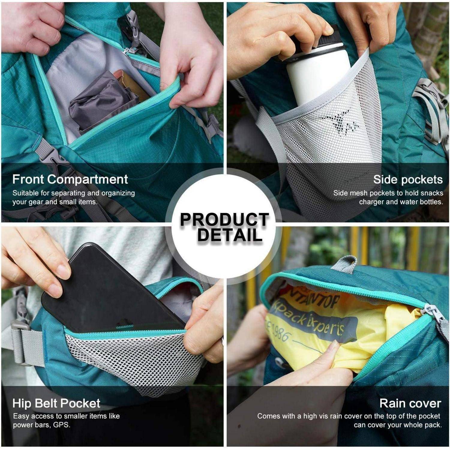 Produktdetails' Bild, das einen Rucksack mit beschrifteten Funktionen zeigt: Frontfach zur Organisation, Seitentaschen für Flaschen, Hüftgurtasche für kleine Gegenstände und eine Regenhülle zum Schutz.
