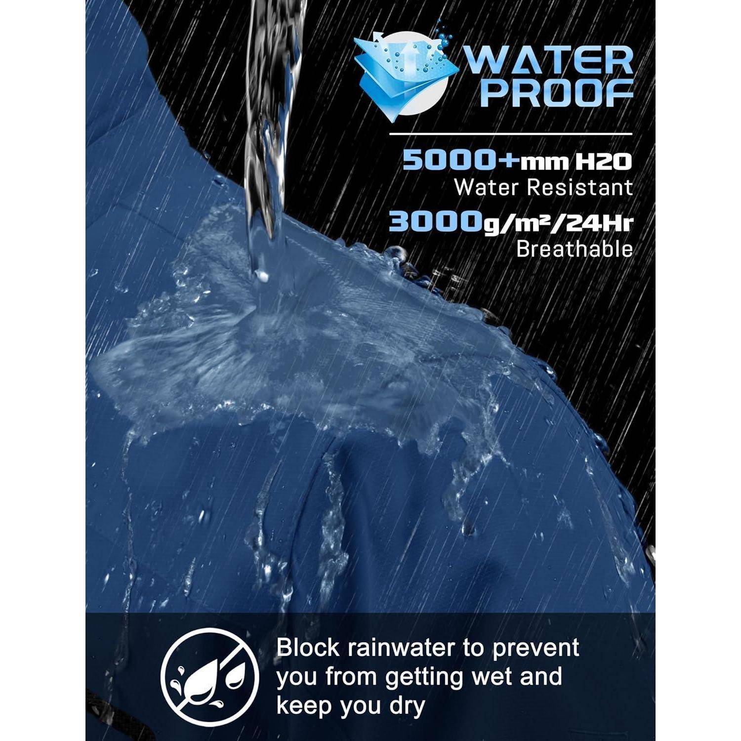 Wasserdichte Jacke mit 5000+mm H2O, 3000g/m²/24h Atmungsaktivität, während Wasser darüber gegossen wird und damit die Wasserresistenz demonstriert wird.