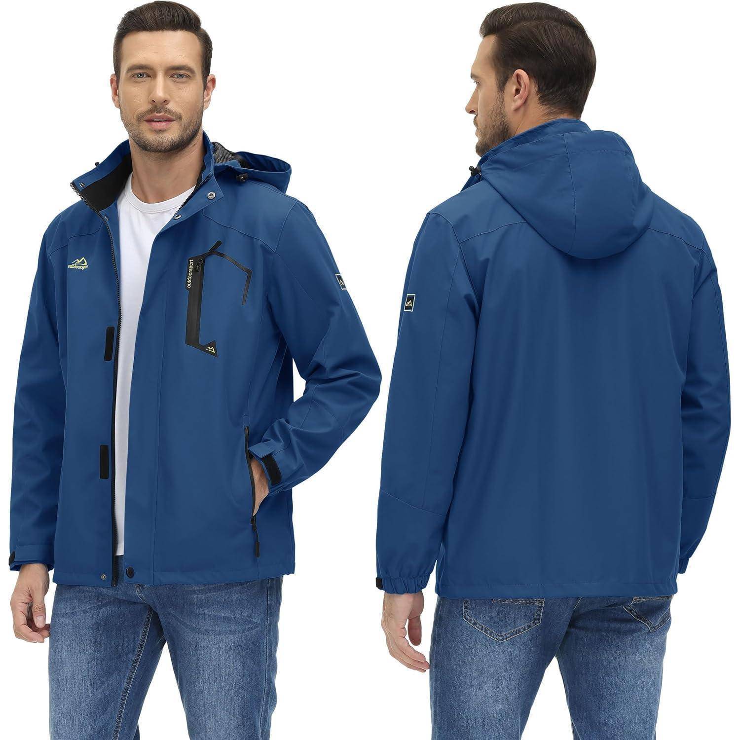Ein Mann präsentiert eine blaue Outdoor-Jacke, von Vorder- und Rückseite, wobei Reißverschlussdetails, Taschen und eine Kapuze gegen einen weißen Hintergrund gezeigt werden.