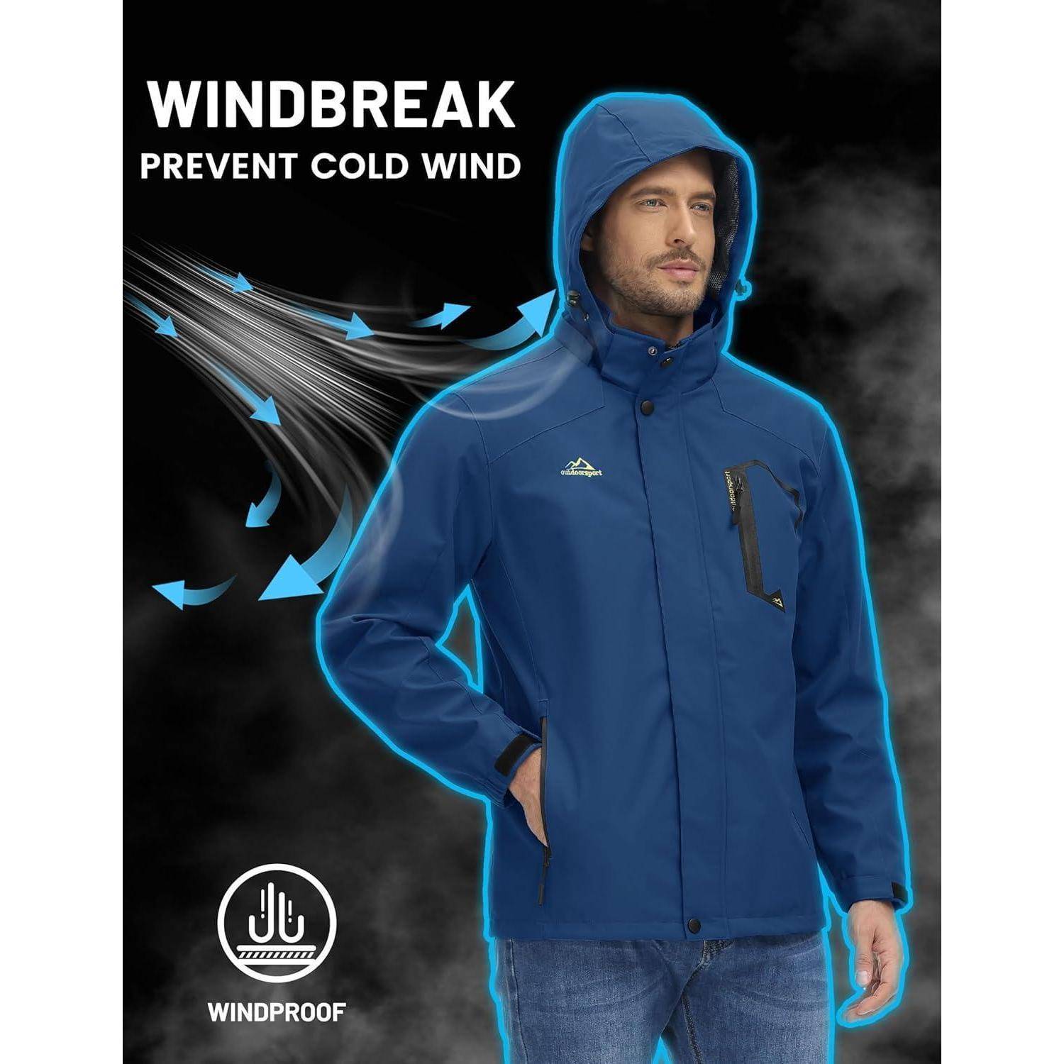 Windjacke-Werbung mit einer Person in einer blauen Kapuzenjacke, die die winddichte Eigenschaft hervorhebt und den Text 