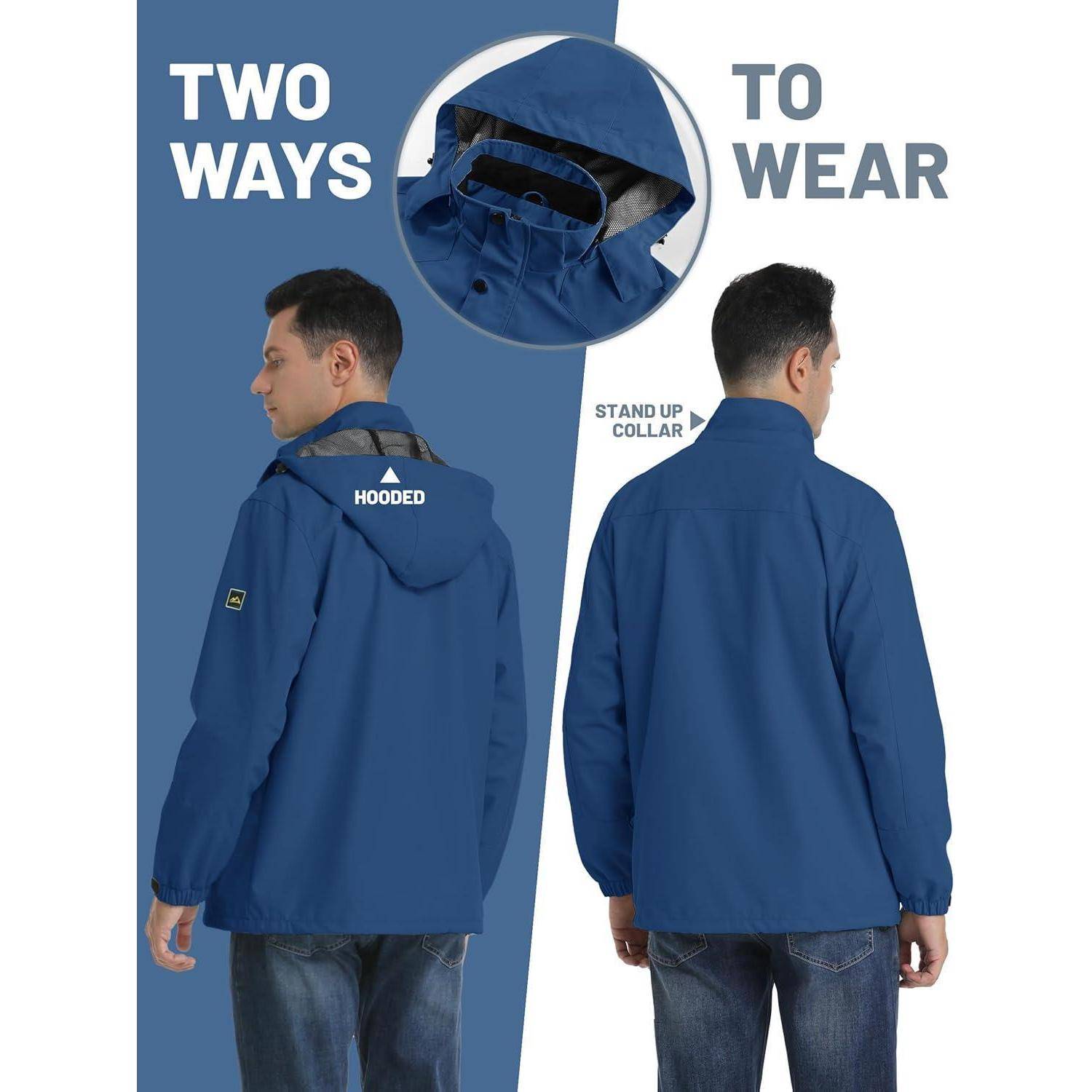 Blaue Jacke in zwei Styles getragen: mit Kapuze und stehendem Kragen. Text lautet: 'Zwei Tragweisen: Mit Kapuze, Stehkragen.