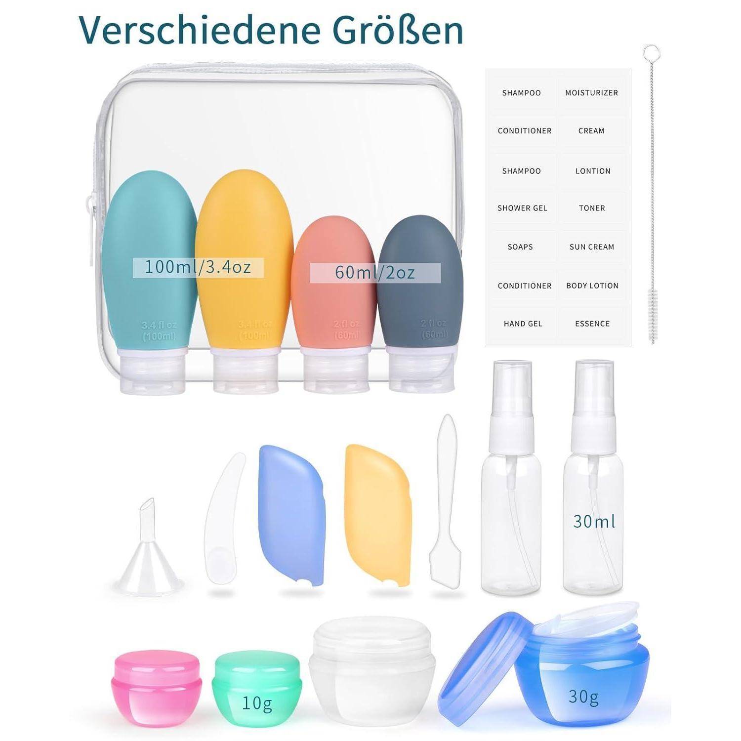 Reiseflaschen Silikon 30 60 100ml auslaufsicher Blau Grün Rosa Gelb