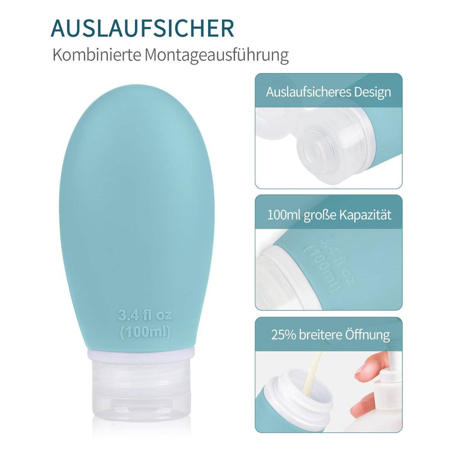 Reiseflaschen Silikon 30 60 100ml auslaufsicher Blau Grün Rosa Gelb