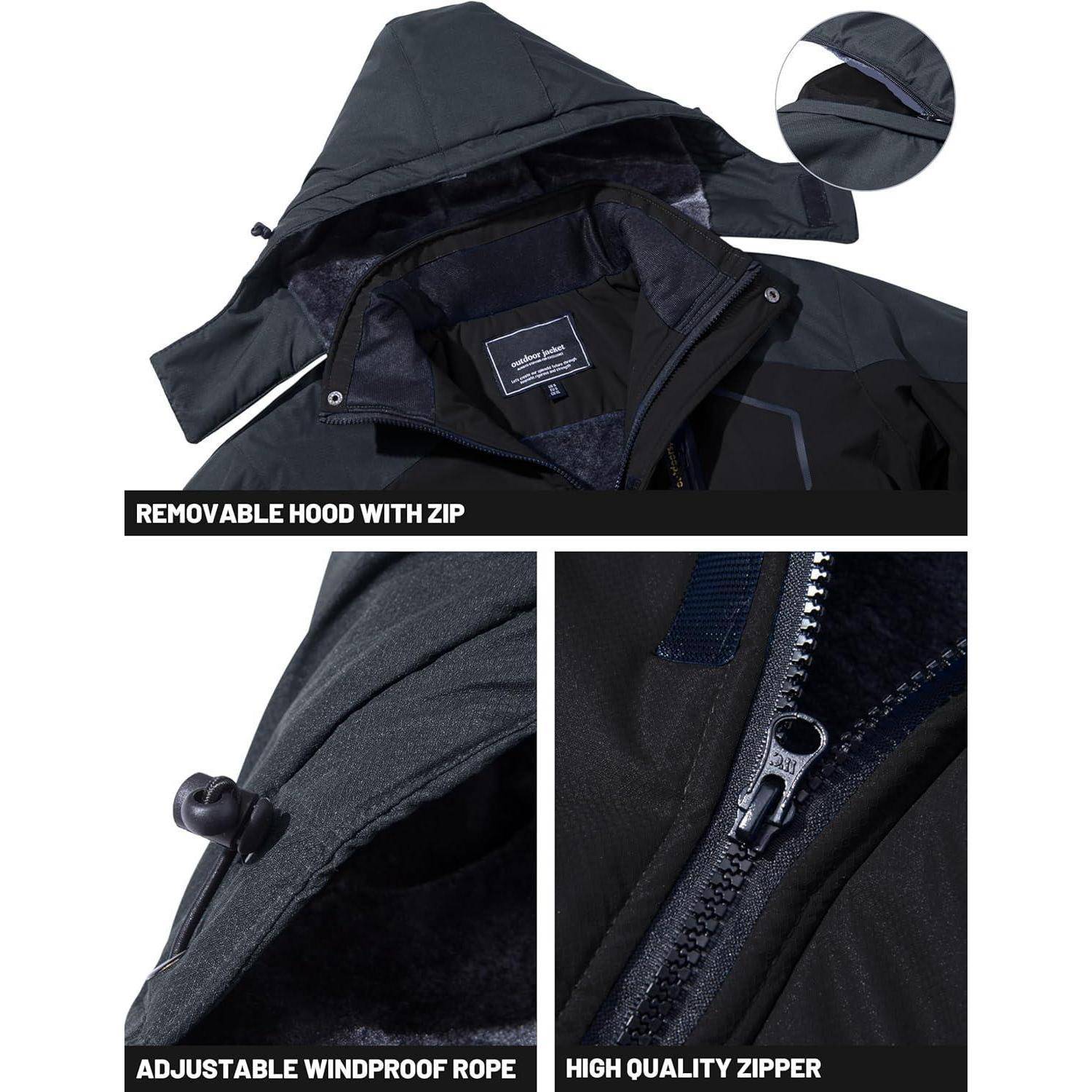 Eine schwarze Jacke mit abnehmbarer Kapuze mit Reißverschluss, verstellbarem windabweisendem Kordel und hochwertigen Reißverschluss.