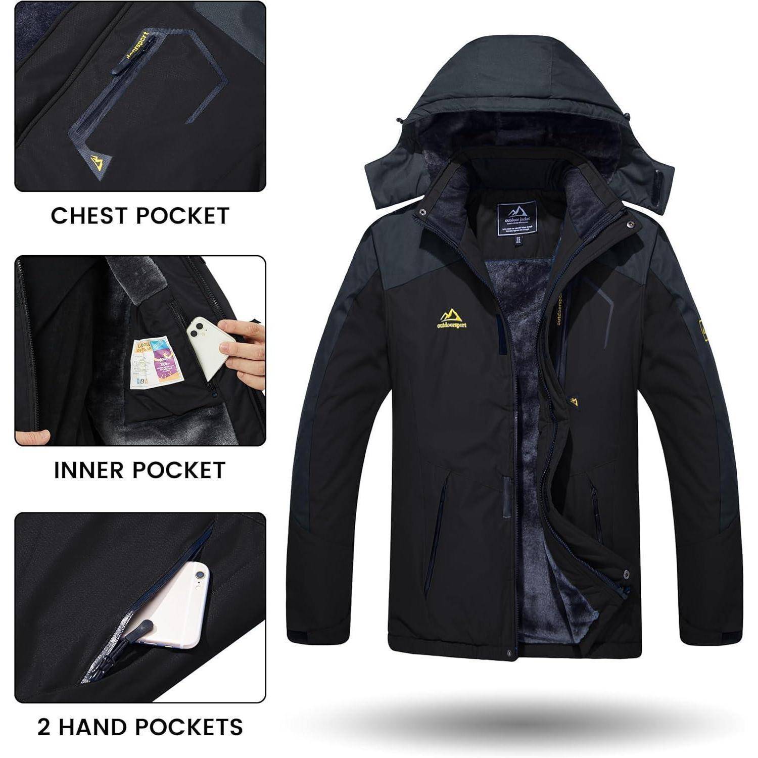 Schwarze wasserdichte Jacke mit abnehmbarer Kapuze, präsentiert mit Details zu Brusttasche, Innentasche und zwei Handtaschen, die separat gezeigt werden.