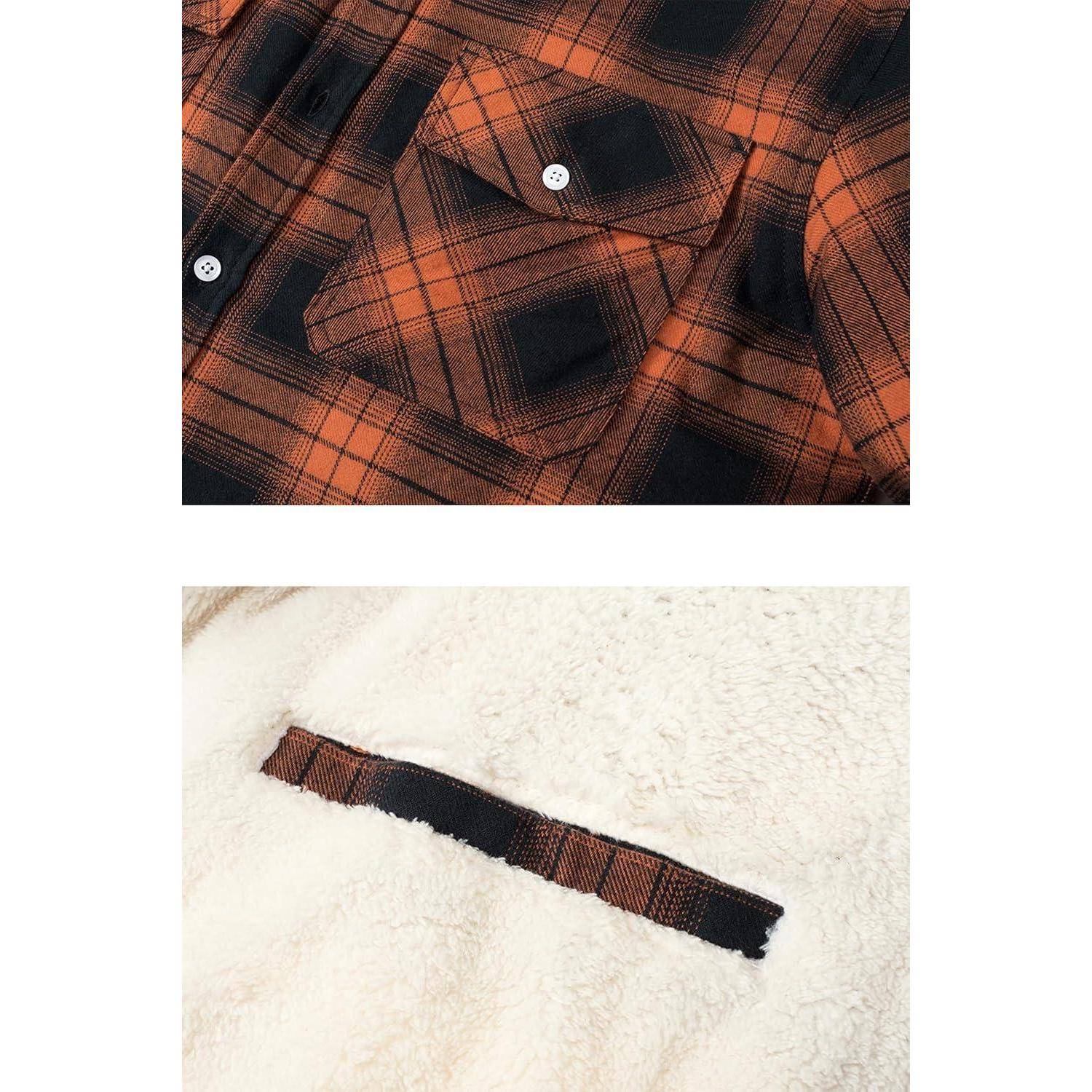 Nahaufnahme eines karierten Hemdes in Orange und Schwarz aus Flanell mit einer Tasche und einem kontrastierenden Sherpa-Fleecefutter darunter.