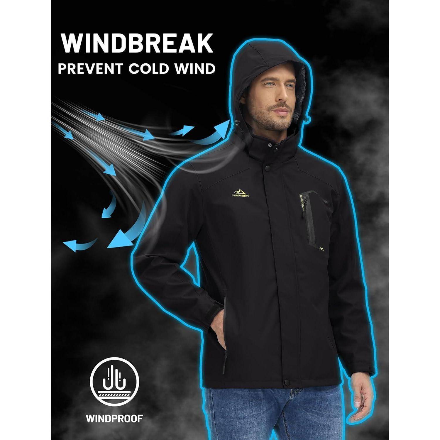 Outdoorjacke Herren Wasserabweisend Abnehmbare Kapuze S Schwarz