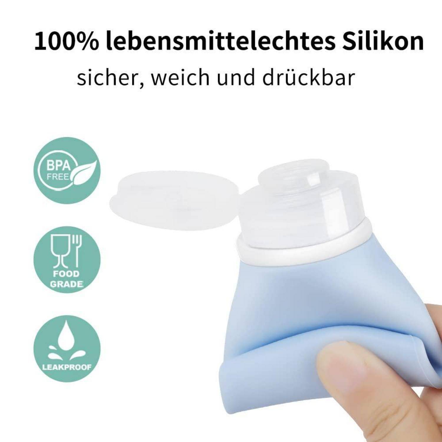 Eine Hand, die einen blauen, flexiblen Becher zusammendrückt und dabei seine Weichheit und Auslaufsicherheit hervorhebt. Etiketten zeigen 100% lebensmittelechtes, BPA-freies Silikon.