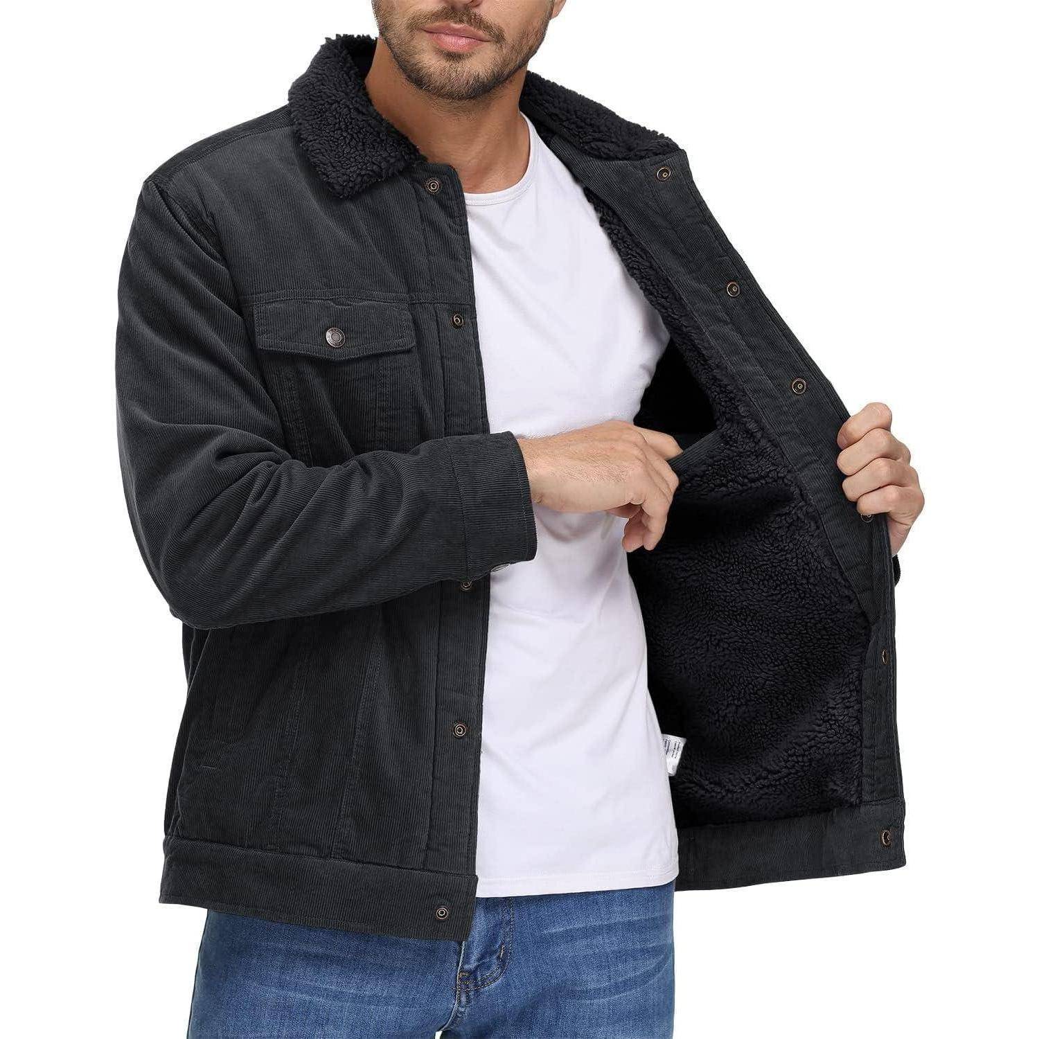 Cordjacke Herren Gefütterte Cargo Winter Teddyfellkragen XL Dunkelgrau