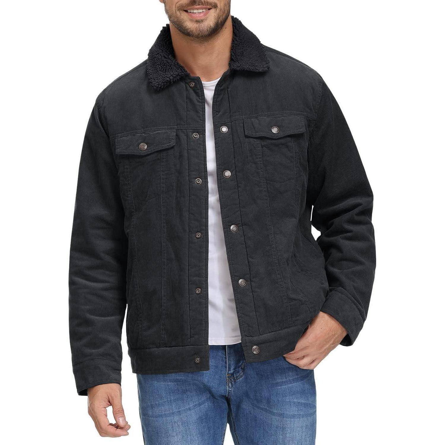 Cordjacke Herren Gefütterte Cargo Winter Teddyfellkragen XL Dunkelgrau