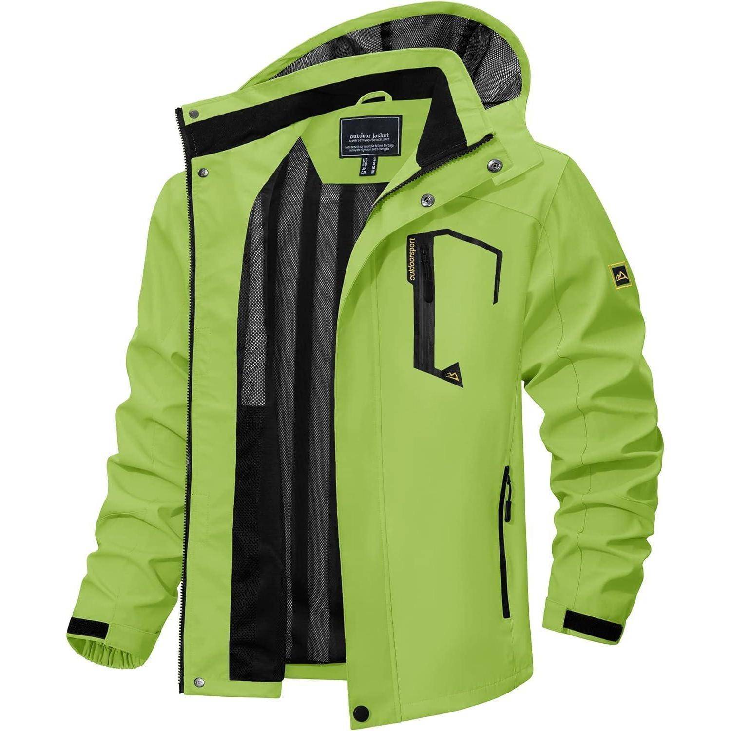 Eine limettegrüne wasserdichte Jacke mit schwarzen Akzenten und Reißverschlusstaschen, entwickelt für den Outdoor-Einsatz. Die Jacke ist offen und zeigt ihr Innenfutter.