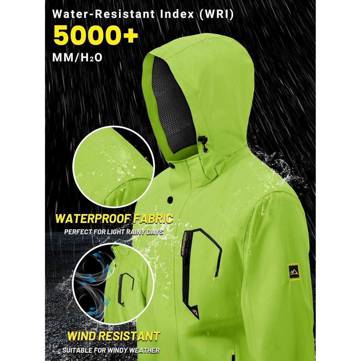 Grüne Kapuzenjacke mit 'Wasserresistenz-Index (WRI) 5000+ MM/H2O'. Hebt die Eigenschaften 'Wasserdichtes Gewebe' und 'Winddicht' hervor.