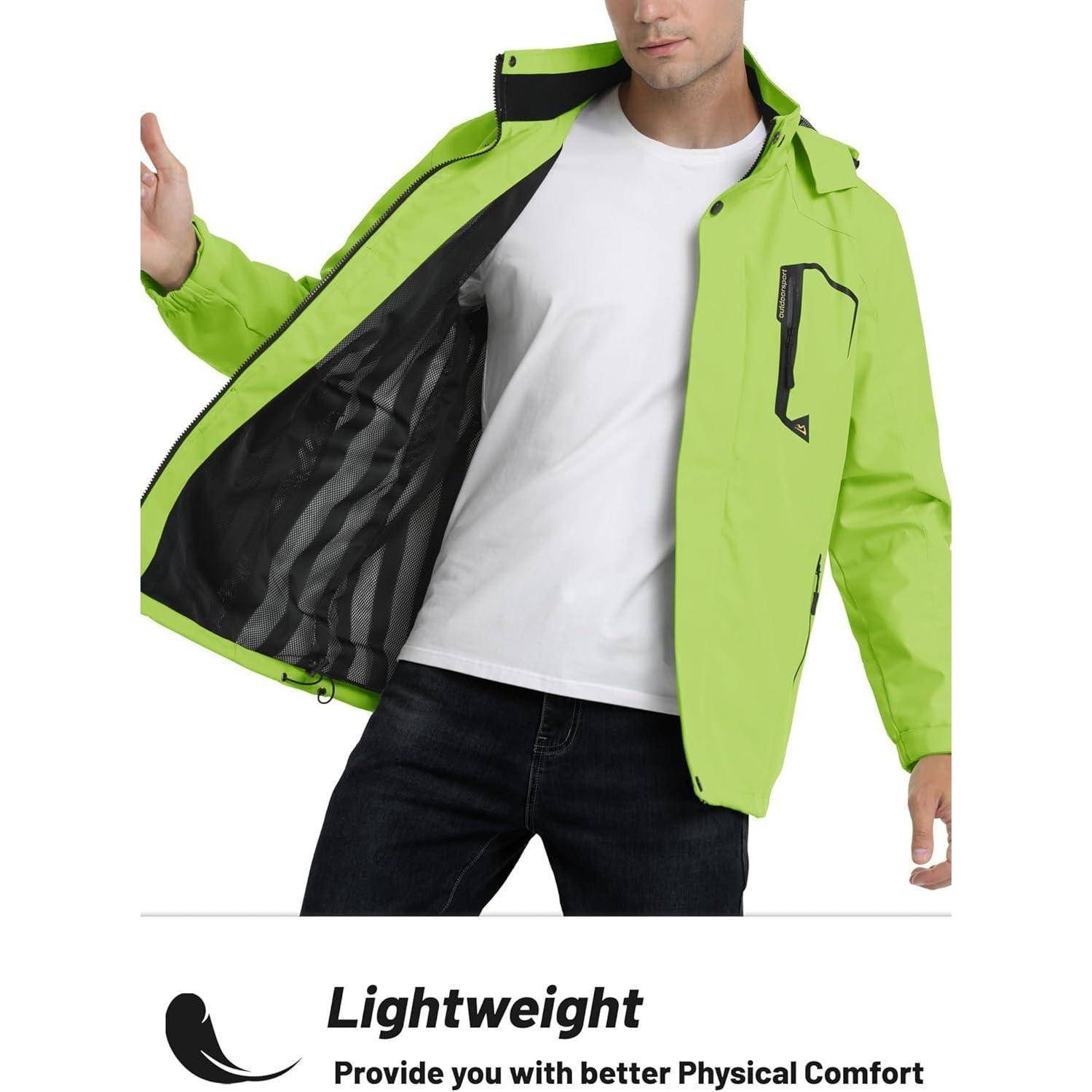 Eine Person trägt eine limettgrüne Jacke über einem weißen Hemd und präsentiert die leichte und atmungsaktive Eigenschaften der Jacke. Text unten liest sich: 'Leicht - Bietet Ihnen mehr körperlichen Komfort'.