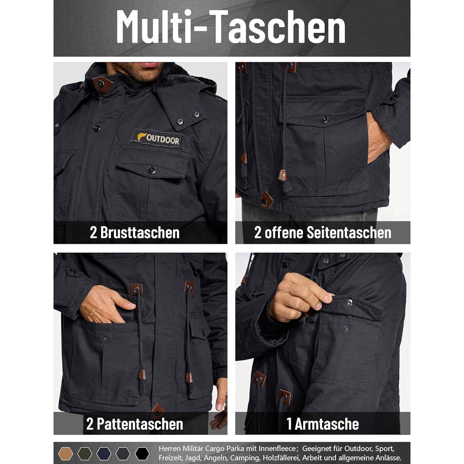 Jacke mit mehreren Taschen, gekennzeichnet für den Outdoorbereich. Merkmale umfassen zwei Brusttaschen, zwei offene Seitentaschen, zwei Klappentaschen und eine Ärmel-Tasche.