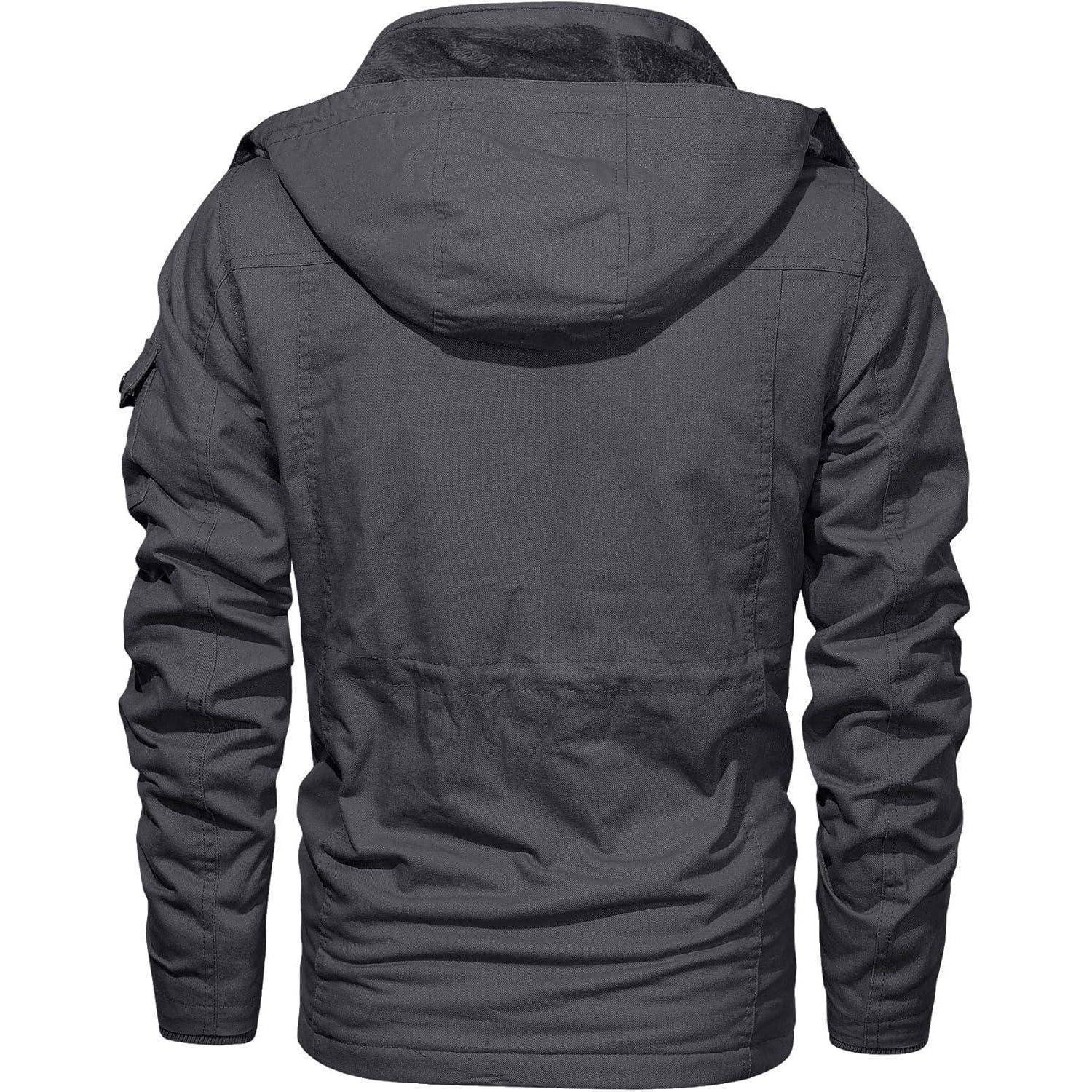 Eine dunkelgraue Kapuzenjacke, von hinten betrachtet, mit einem lässigen Design, Nähten und Taschen, geeignet für Outdoor-Aktivitäten.