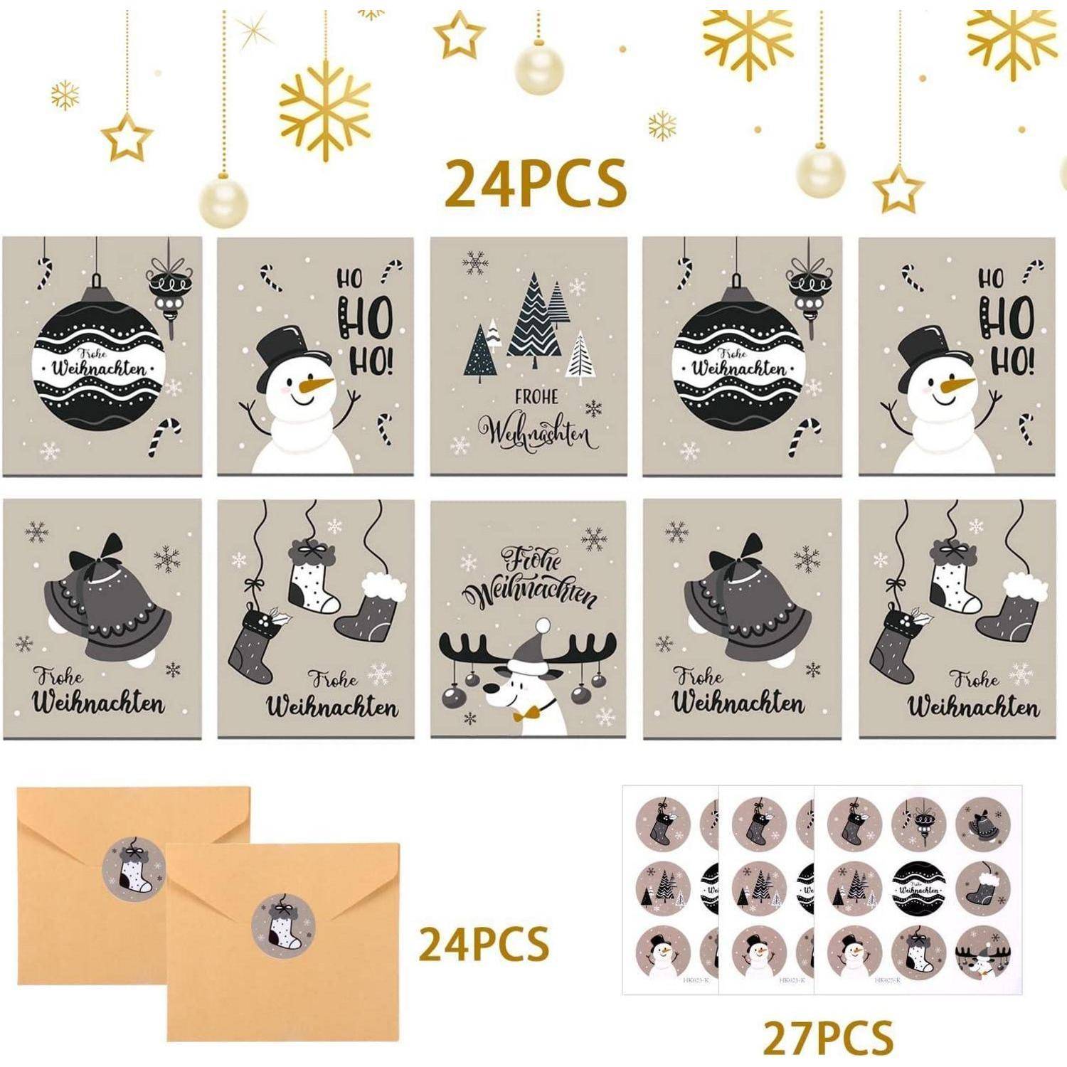 Weihnachtskarten 24er Klappkarten Umschläge Aufkleber Grau