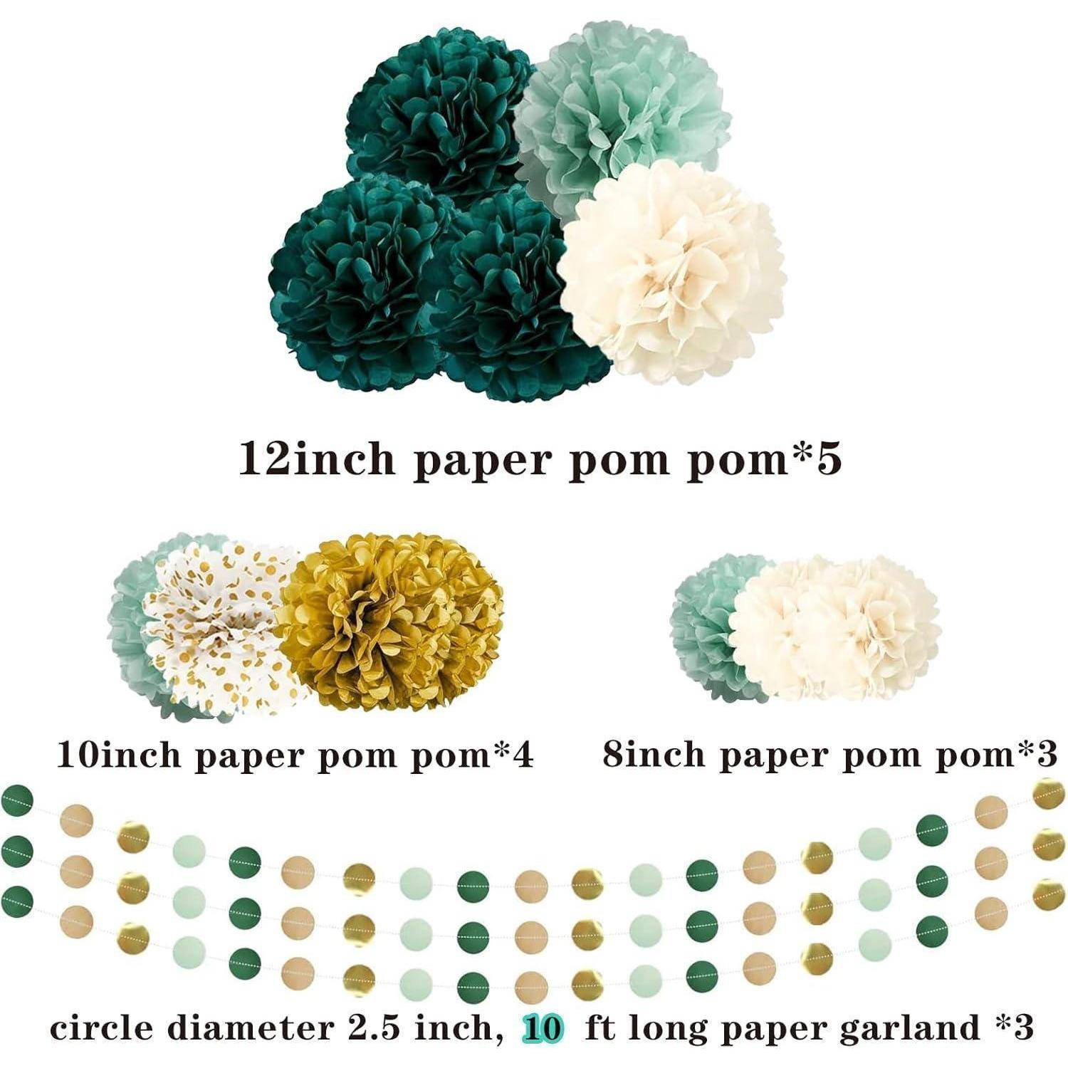 Pompons 15 Stück Seidenpapier grün gold weiß Deko Waldgrün