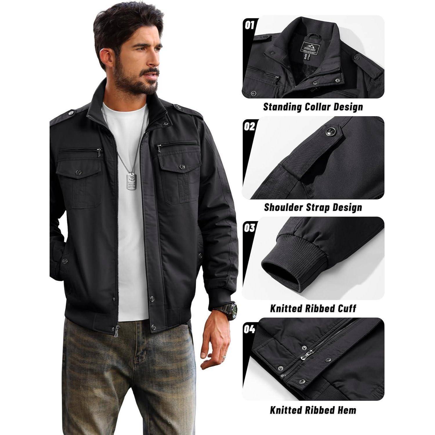 Ein Mann trägt eine schwarze Jacke mit hohem Kragen, Schulterstücken, gerippten Bündchen und Saum. Designmerkmale werden im Seitenpanel hervorgehoben.