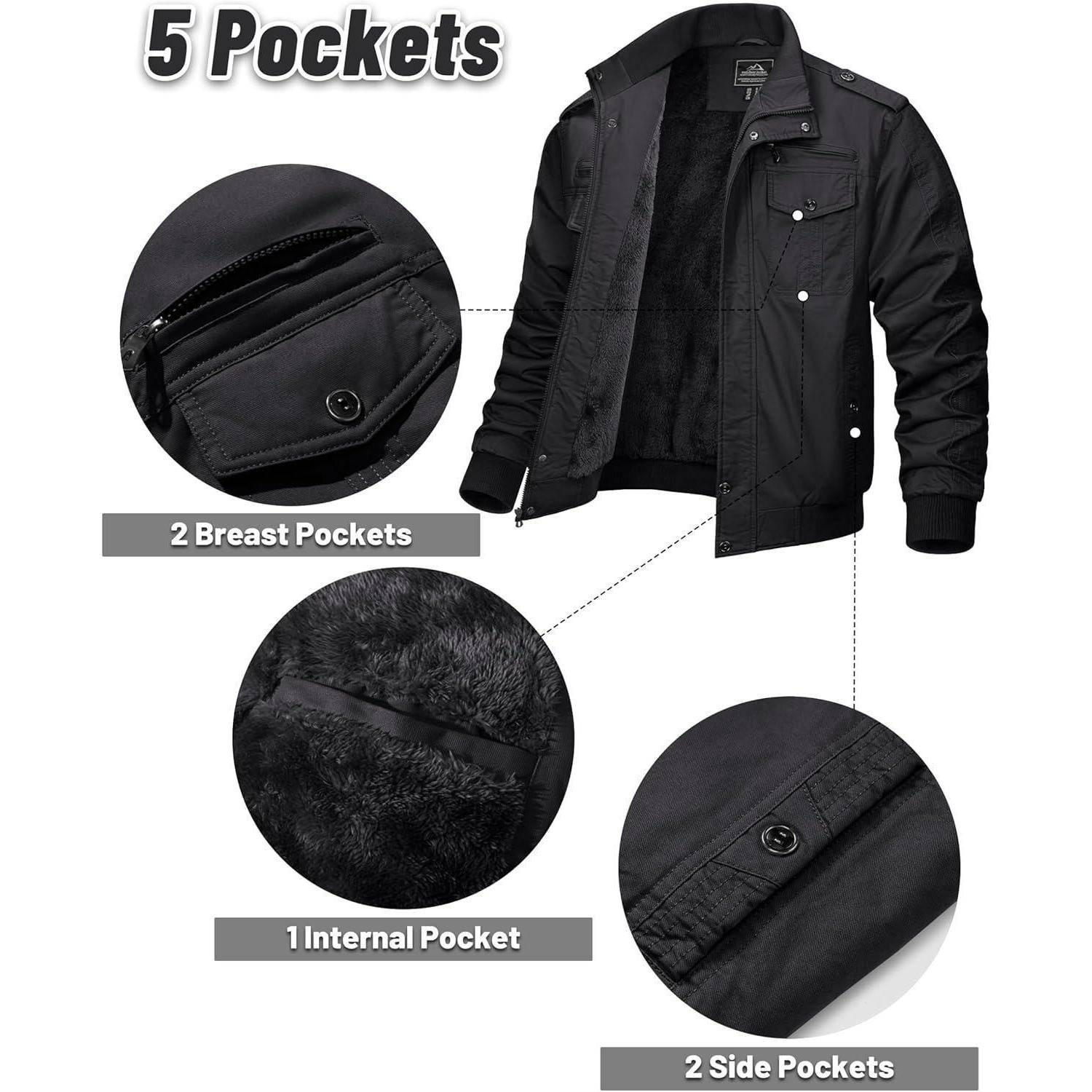 Schwarze Jacke mit 5 Taschen: 2 Brusttaschen, 2 Seitentaschen, 1 innere Tasche mit Futter. Bild zeigt Taschenpositionen und Knopfdetails.