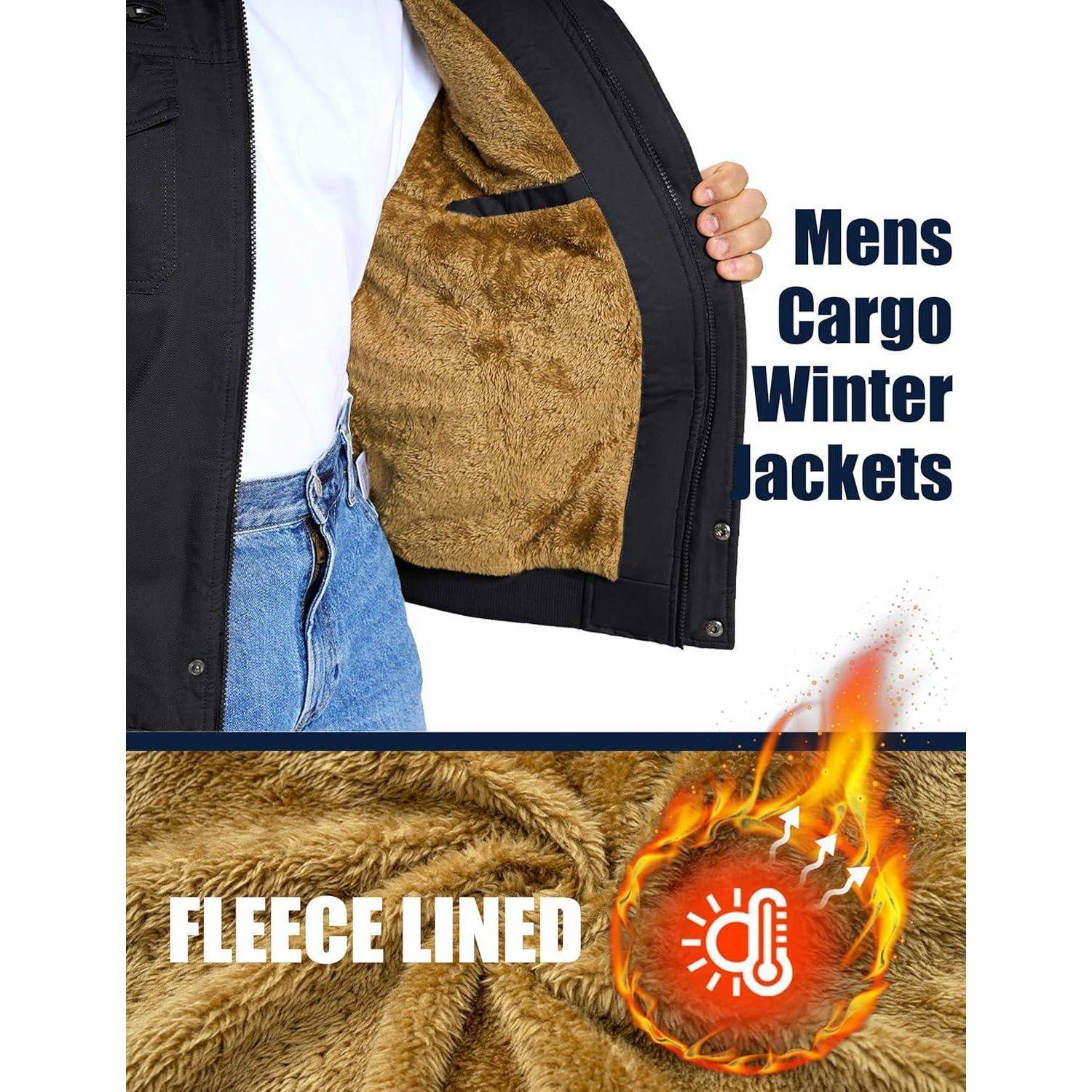 Eine Person zeigt die braune Fleece-Fütterung einer schwarzen Winterjacke. Text liest sich 