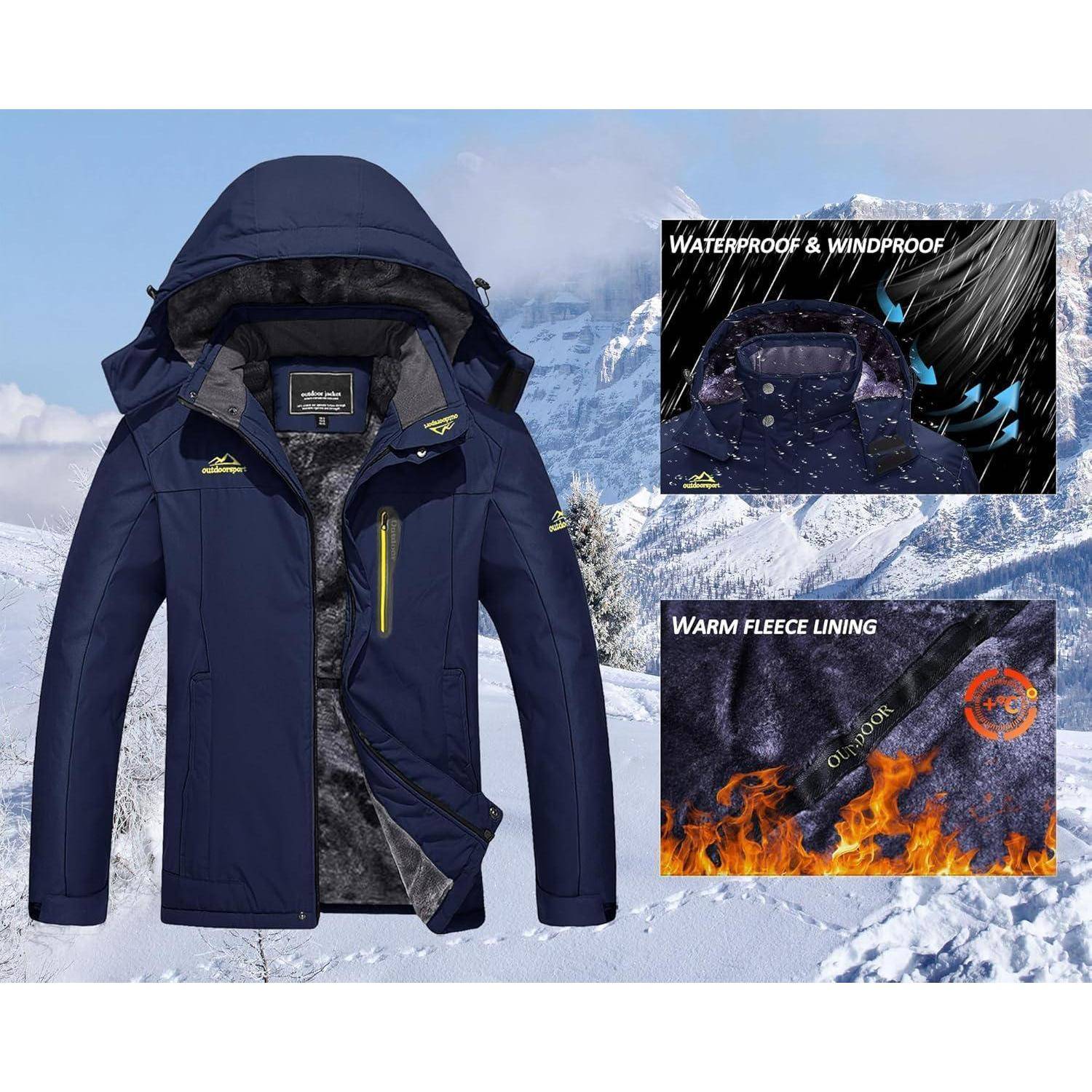 Eine dunkelblaue Winterjacke mit Kapuze, präsentiert vor einer verschneiten Berglandschaft. Einblendungen heben ihre wasserdichten, winddichten Eigenschaften sowie die warme Fleecefütterung hervor.