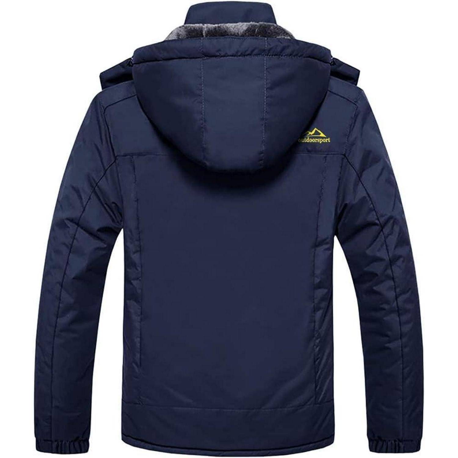 Eine marineblau-farbene Winterjacke mit Kapuze, die auf der Rückseite ein gelbes Logo trägt. Die Jacke wirkt warm und gut geeignet für kalte Witterungsbedingungen.