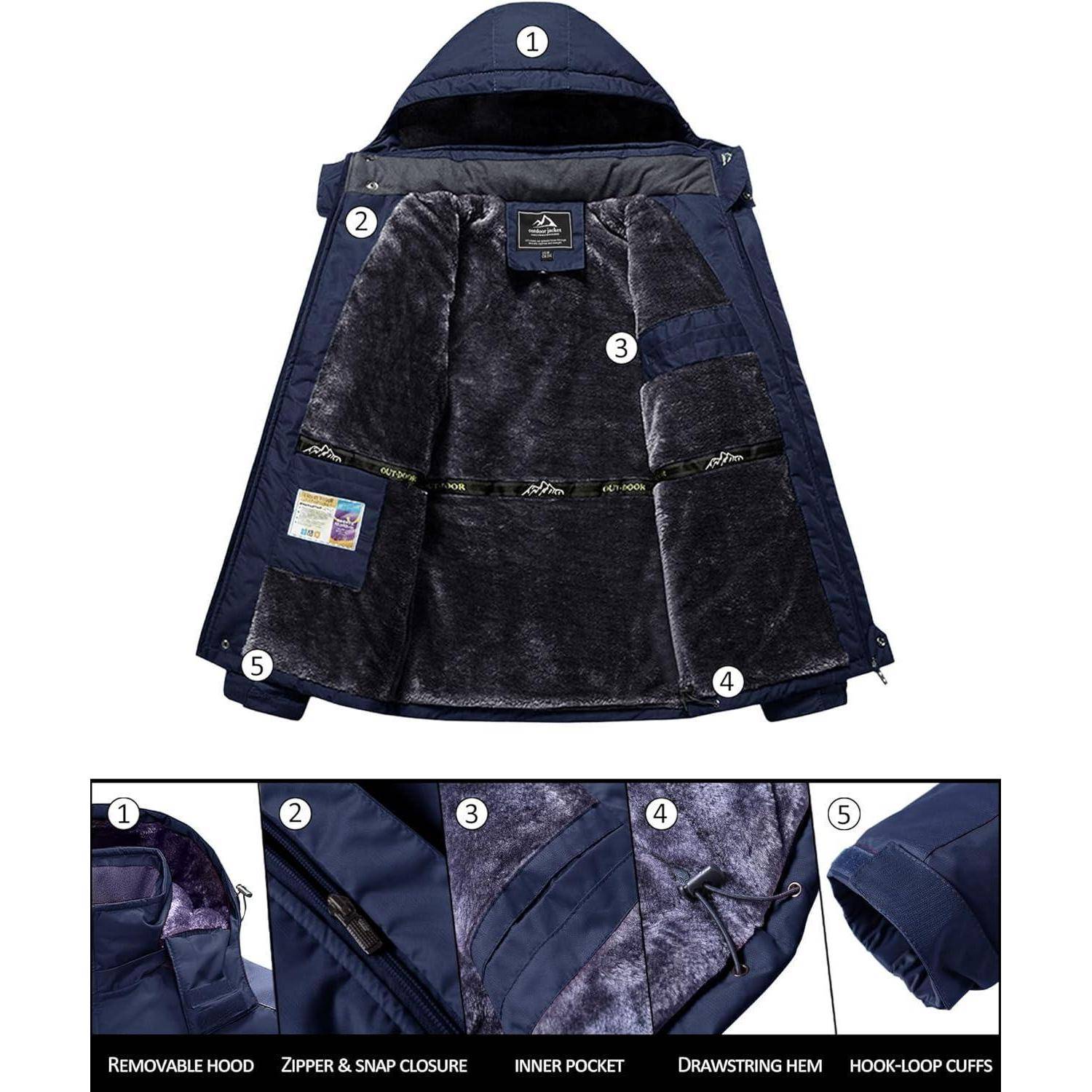 Marineblaue Winterjacke mit abnehmbarer Kapuze, Reißverschluss und Druckknopfverschluss, Innentasche, Kordelzug am Saum und Klettverschluss an den Ärmelbündchen.