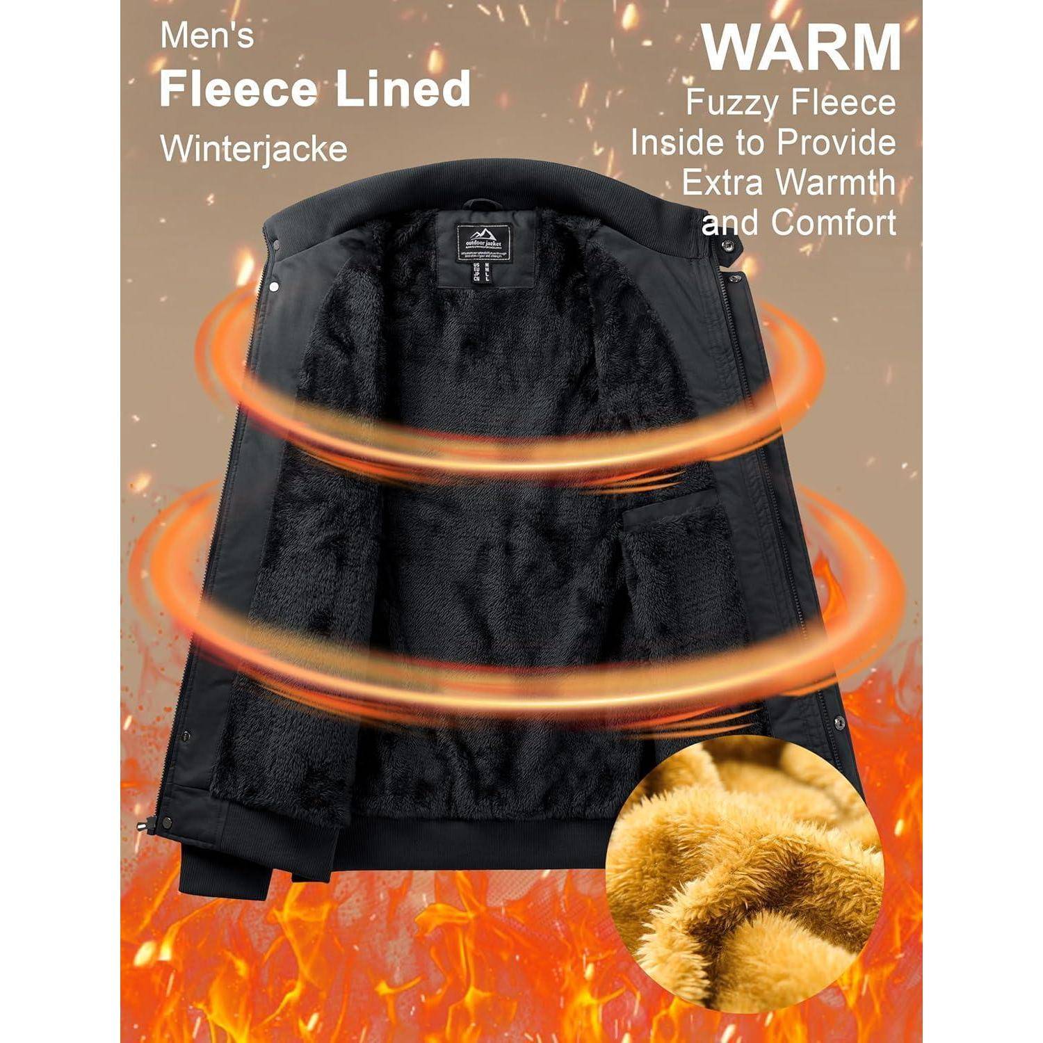Eine warme Herrenwinterjacke mit Fleecefutter wird präsentiert. Zu den Merkmalen gehören flauschiges Fleece für zusätzliche Wärme und Komfort, hervorgehoben durch Flammen.