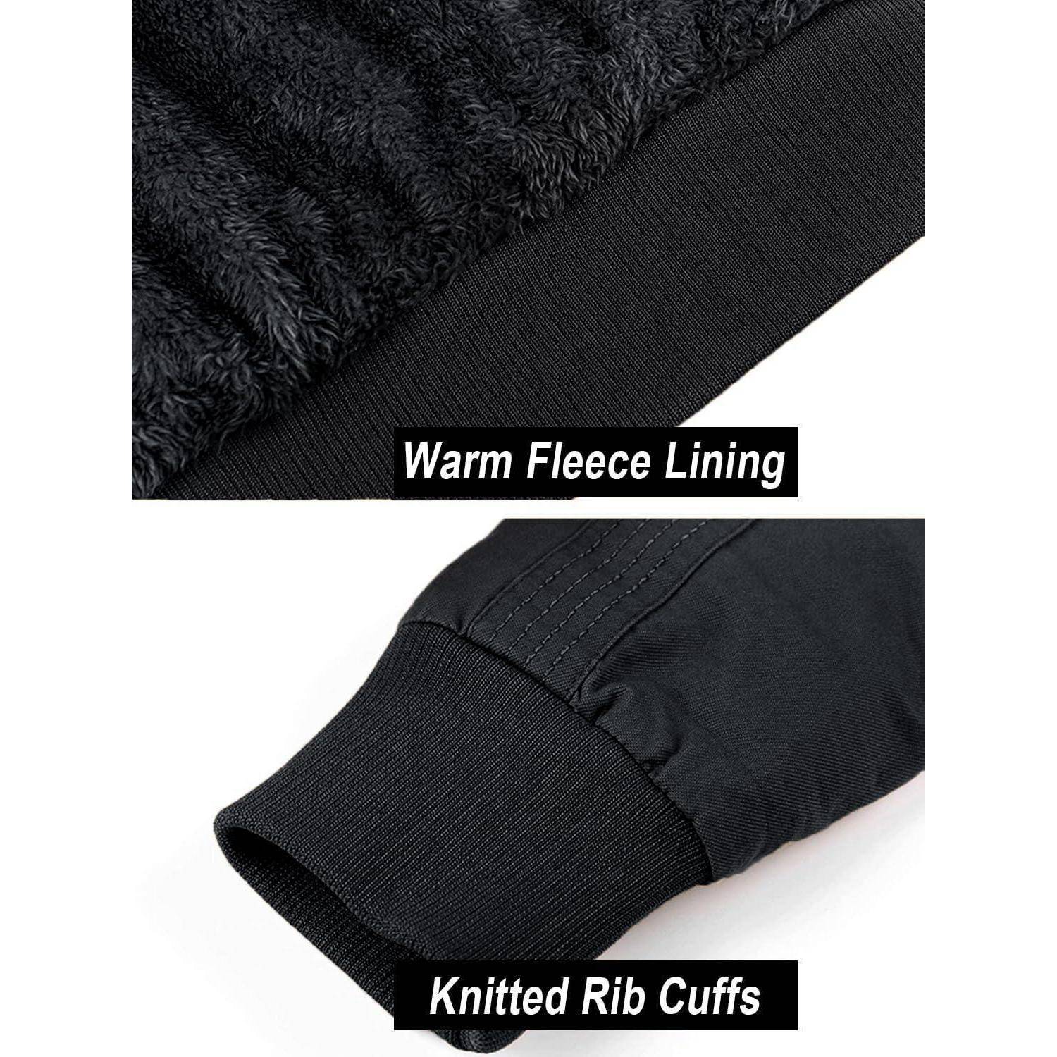 Der Textbereich der schwarzen Kleidung zeigt in der Nahaufnahme einen warmen Fleece-Innenfutter und gestrickte Bündchen als hervorgehobene Besonderheiten.