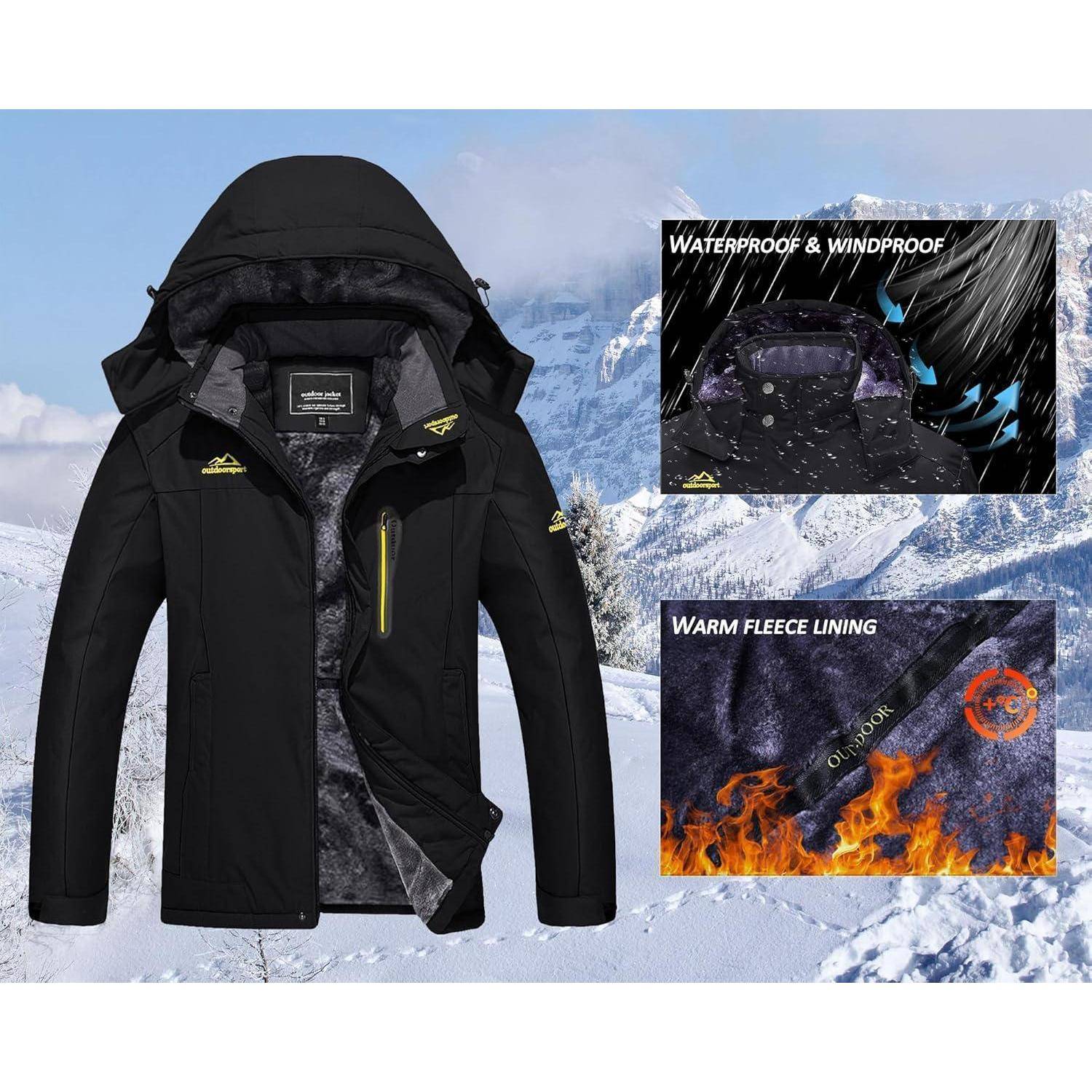Winterjacke Herren Skijacke wasserdicht gefüttert Kapuze XXL Schwarz