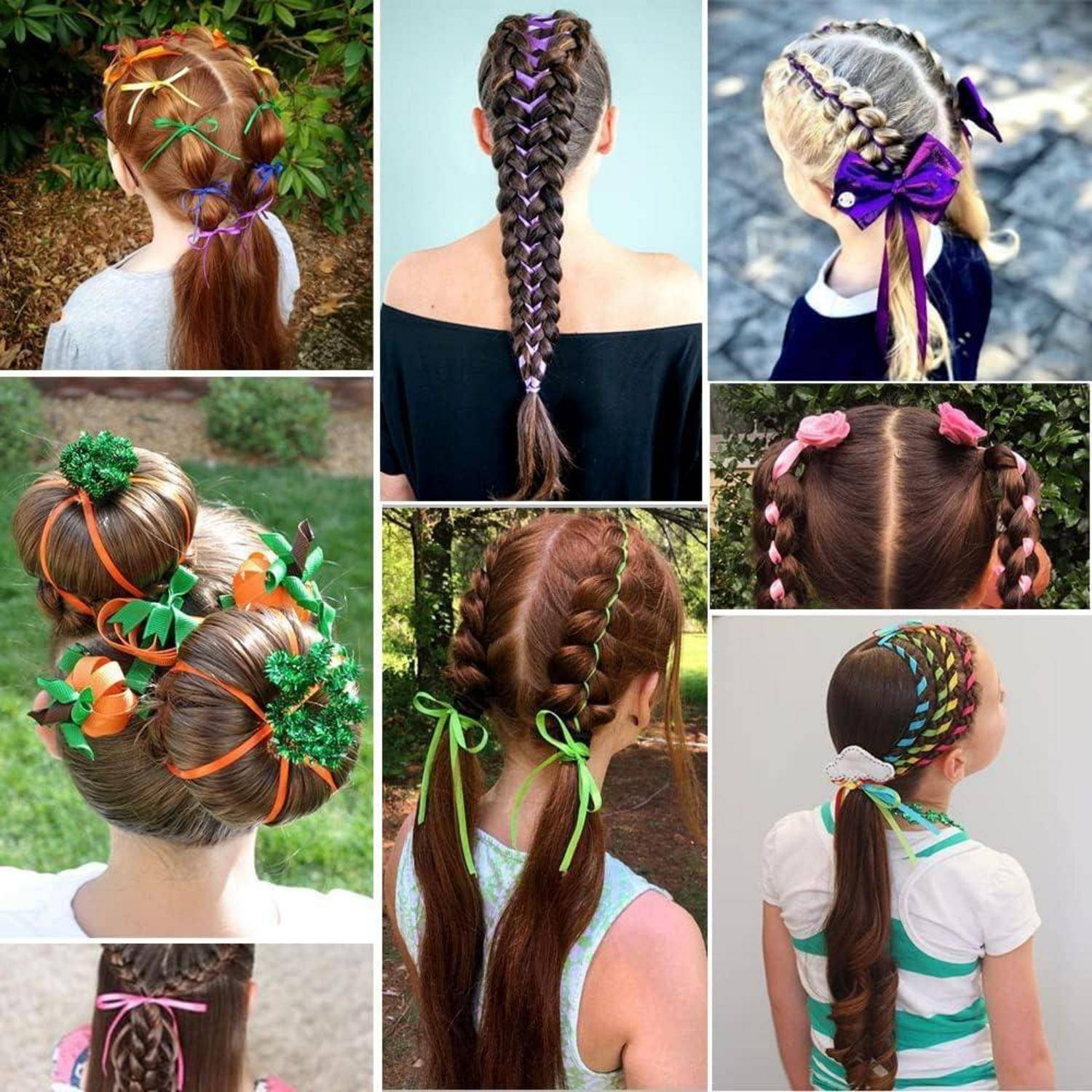 Eine Collage von vielfältigen Frisuren mit bunten Bändern und Schleifen, einschließlich geflochtener Zöpfe, Dutt und gedrehter Frisuren auf verschiedenen Haarfarben.