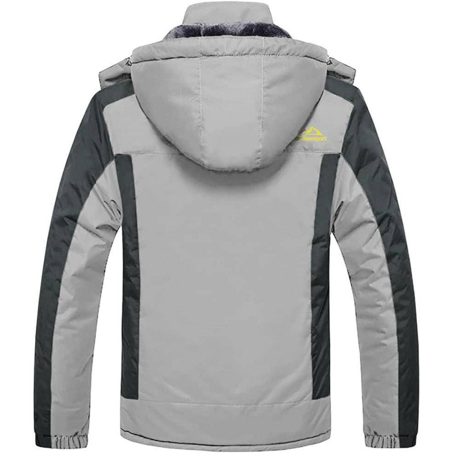 Graue und schwarze Winterjacke mit Kapuze, von hinten gezeigt, mit einem kleinen gelben Logo im oberen Bereich.
