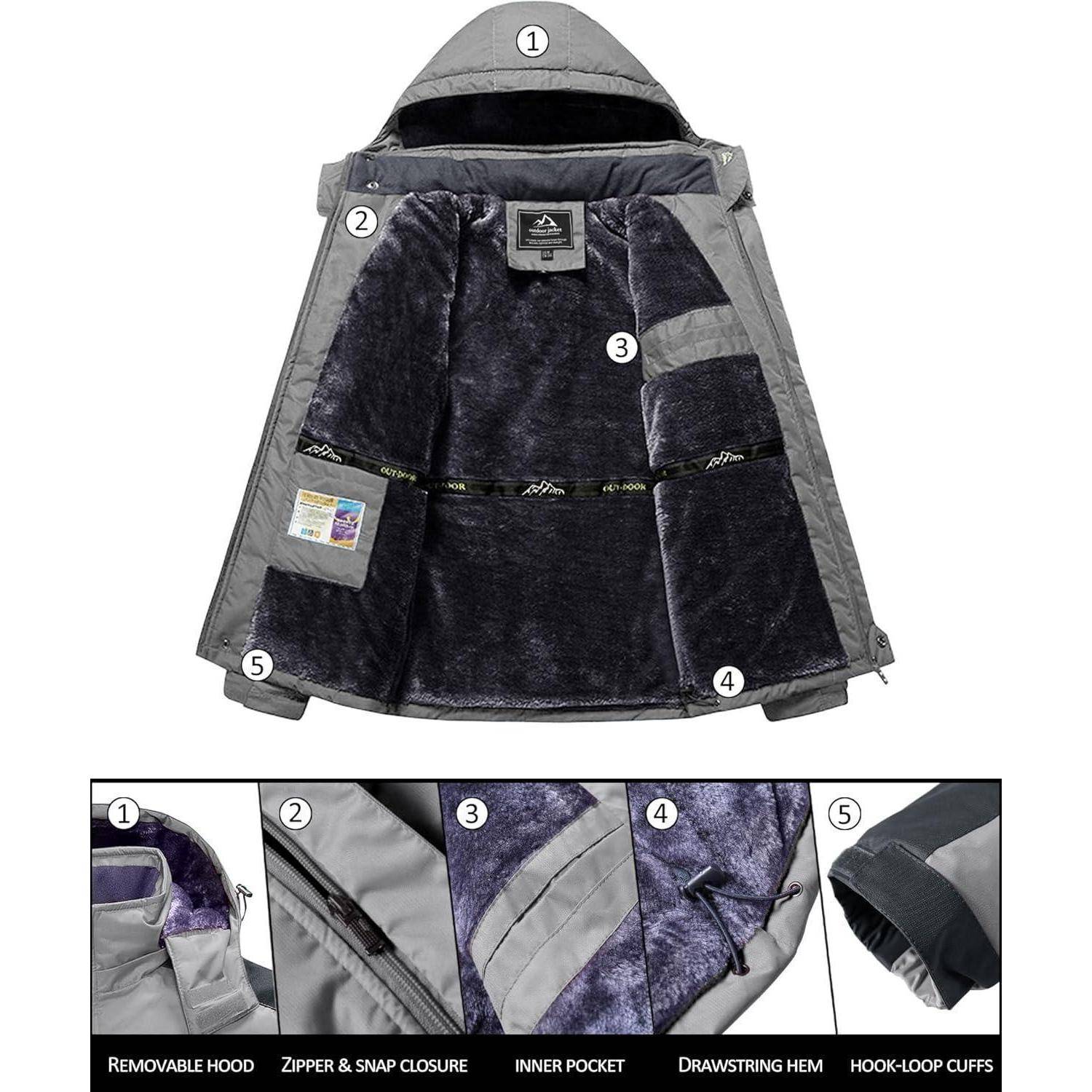 Eine graue Jacke mit abnehmbarer Kapuze, Fleecefutter innen, Innentasche, Kordelzugsaum und Klettverschluss-Ärmelbündchen wird geöffnet gezeigt.