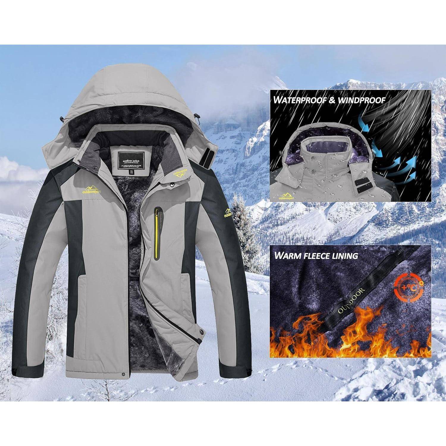 Eine graue und schwarze wasserundurchlässige, winddichte Jacke mit warmem Fleecefutter wird vor einer verschneiten Bergkulisse gezeigt.