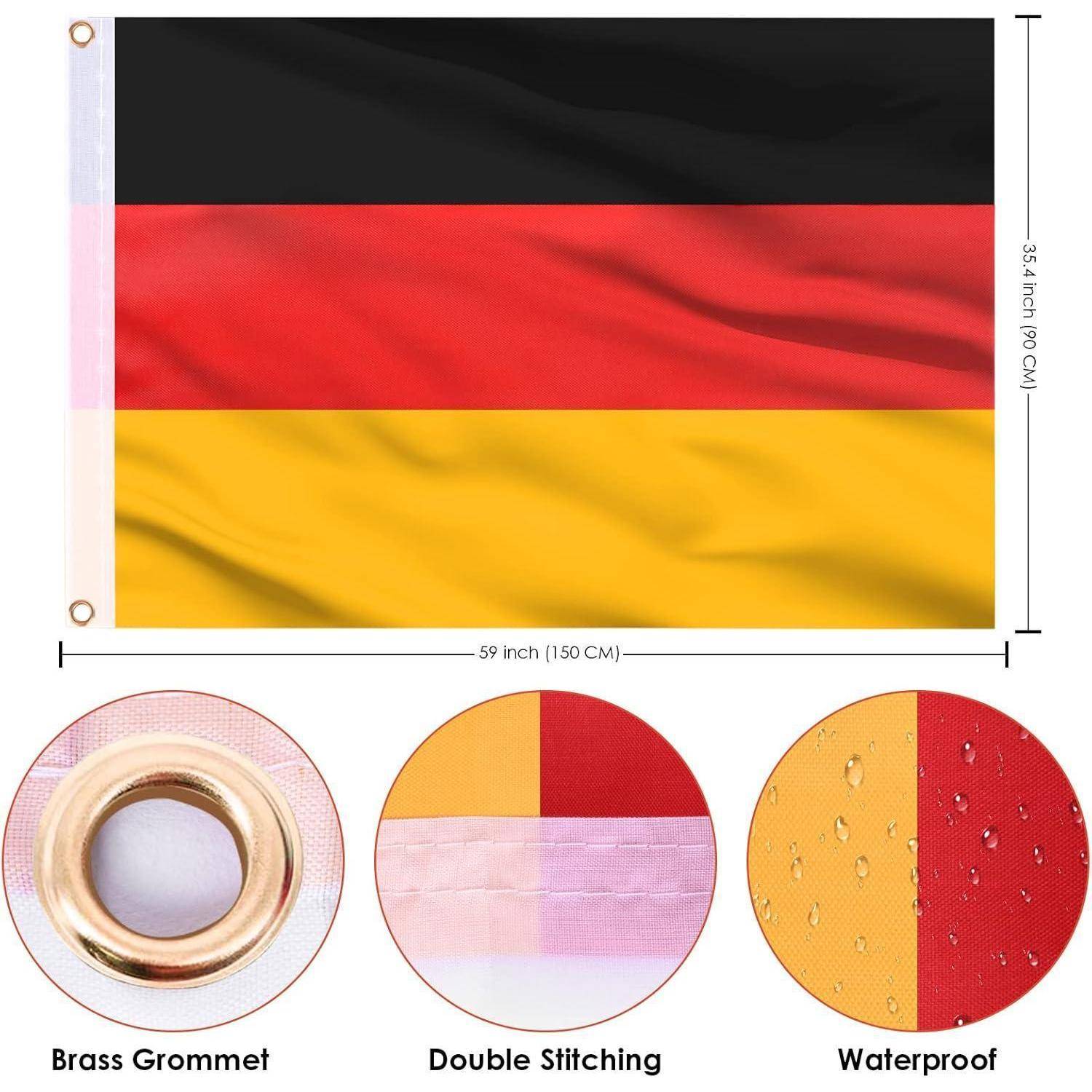 Eine deutsche Flagge wird gezeigt, 150 cm breit und 89 cm hoch, mit Messingösen, Doppelnaht und wasserdichten Eigenschaften.