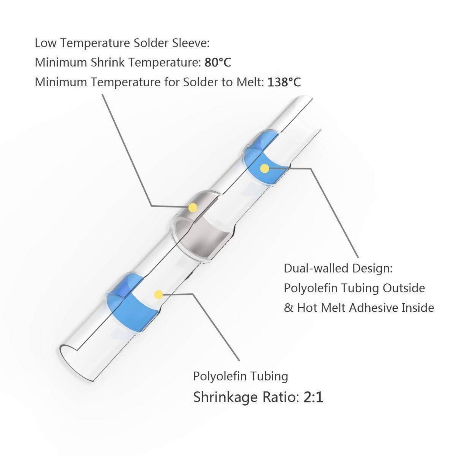 Diagramm einer Löthülse für niedrige Temperaturen. Merkmale: minimale Schrumpftemperatur 80°C, minimale Löttemperatur 138°C, doppelwandiges Design, Schrumpfverhältnis 2:1.