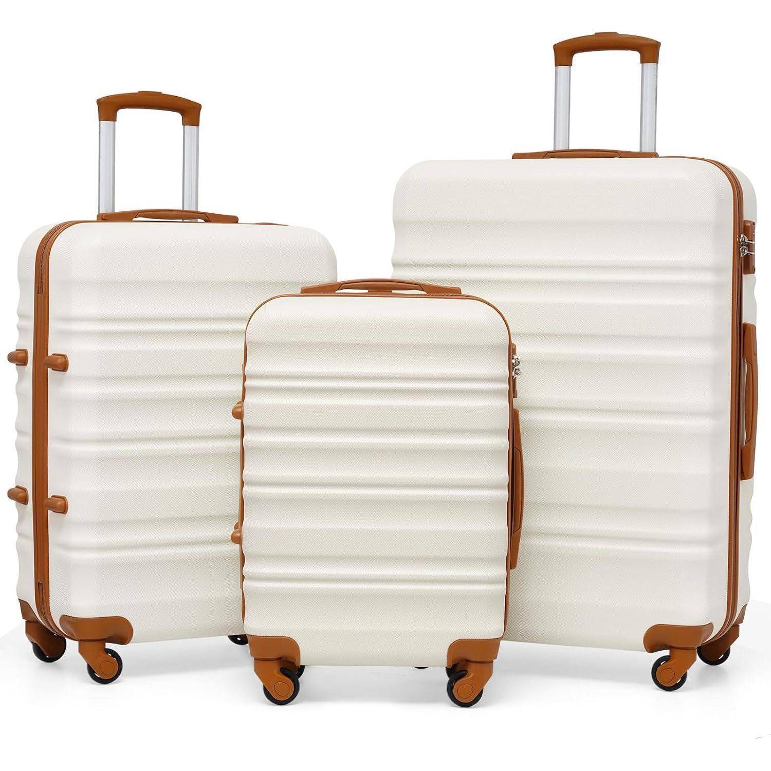 Hartschalenkoffer Rollkoffer TSA Schloss 4 Koffer-Set Weiß Braun