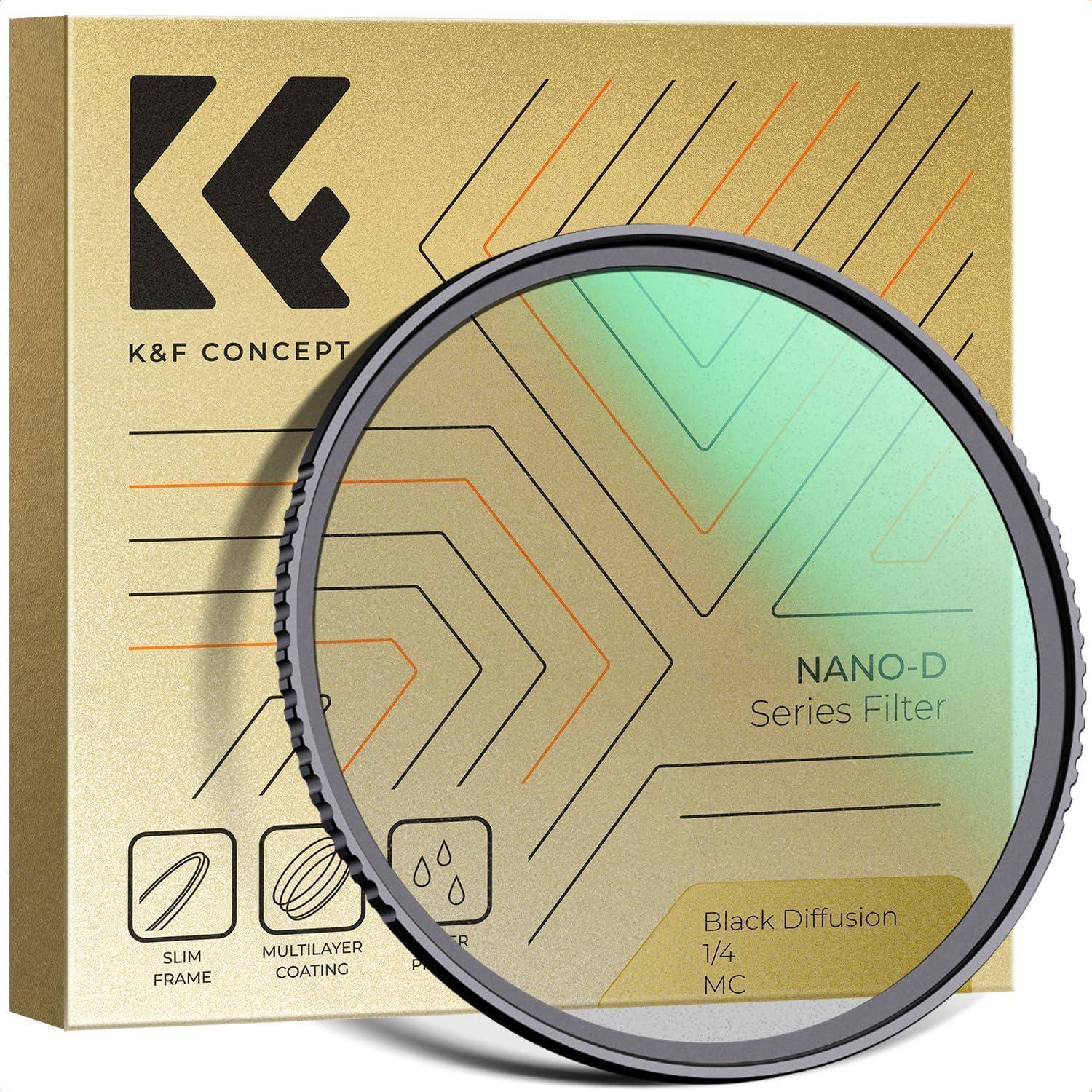 K&F Concept Nano-D Series Filter, Schwarzer Diffusionsfilter 1/4 MC. Mit schlankem Rahmen, Mehrschicht-Beschichtung, mit Verpackung im Hintergrund.