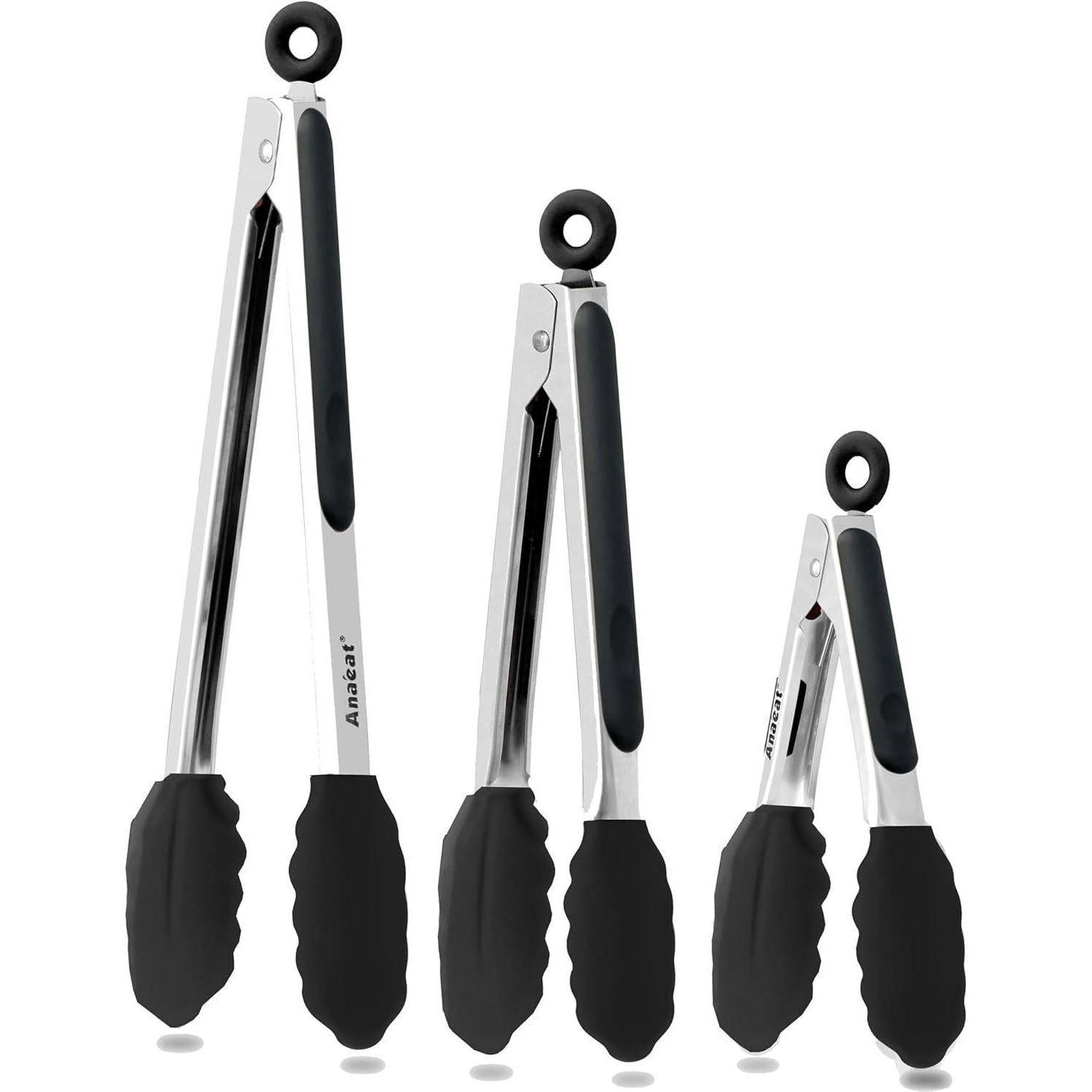 Lebensmittelzange Edelstahl Silikonspitzen (3 Stück) Schwarzes Silikon
