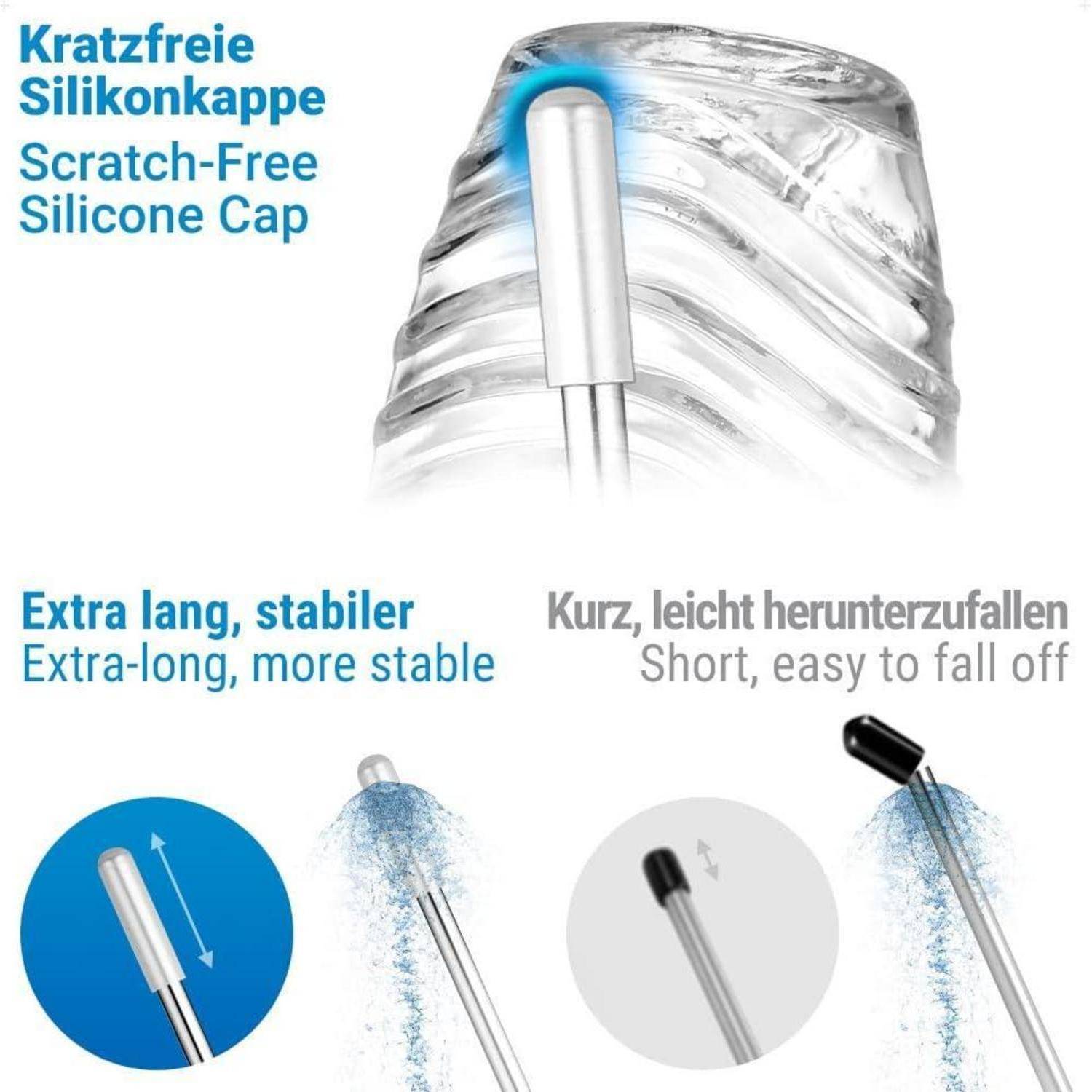 Kratzfreie Silikonkappe mit extra langem, stabilem Design im Vergleich zu einer kurzen, leicht herabfallenden Version. Inklusive Produktabbildungen.