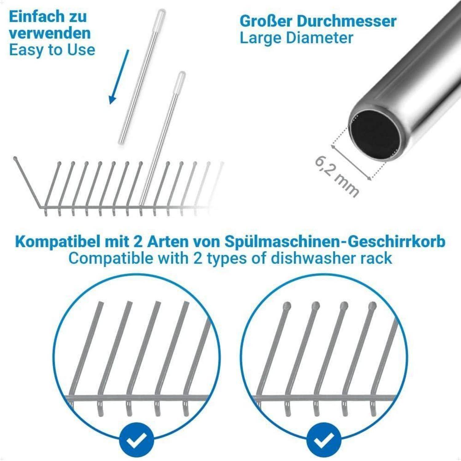 Rechen-Design mit großem Durchmesser (6,2 mm), kompatibel mit zwei Geschirrspüler-Geschirrablagetypen. Beschriftet auf Deutsch mit 'Einfach zu verwenden'.