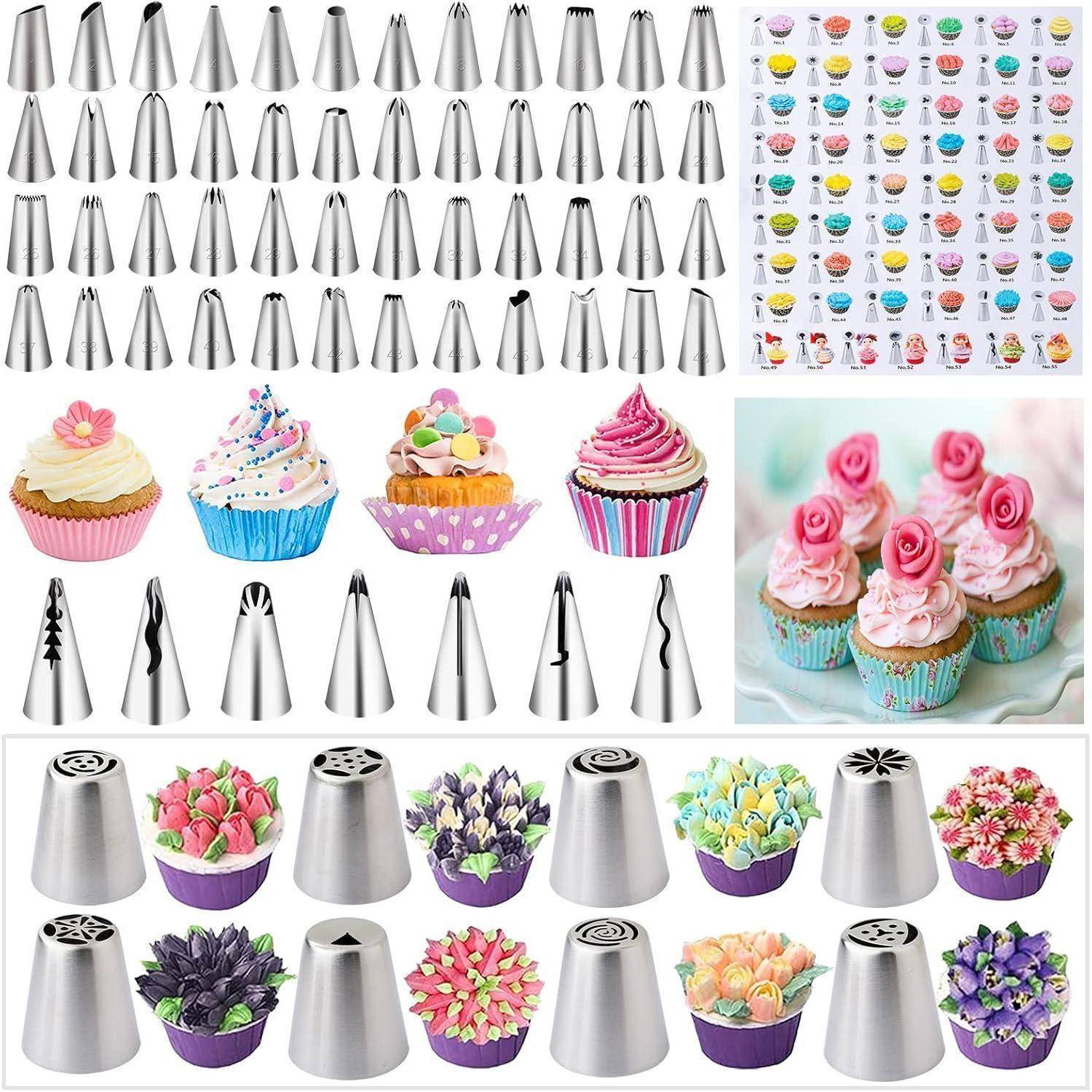 Tortendekoration-Set mit Metallspritztüllen und bunten Cupcakes mit verschiedenen Designs. Umfasst Blumen-, Spiralen- und Blattspitzenformen.