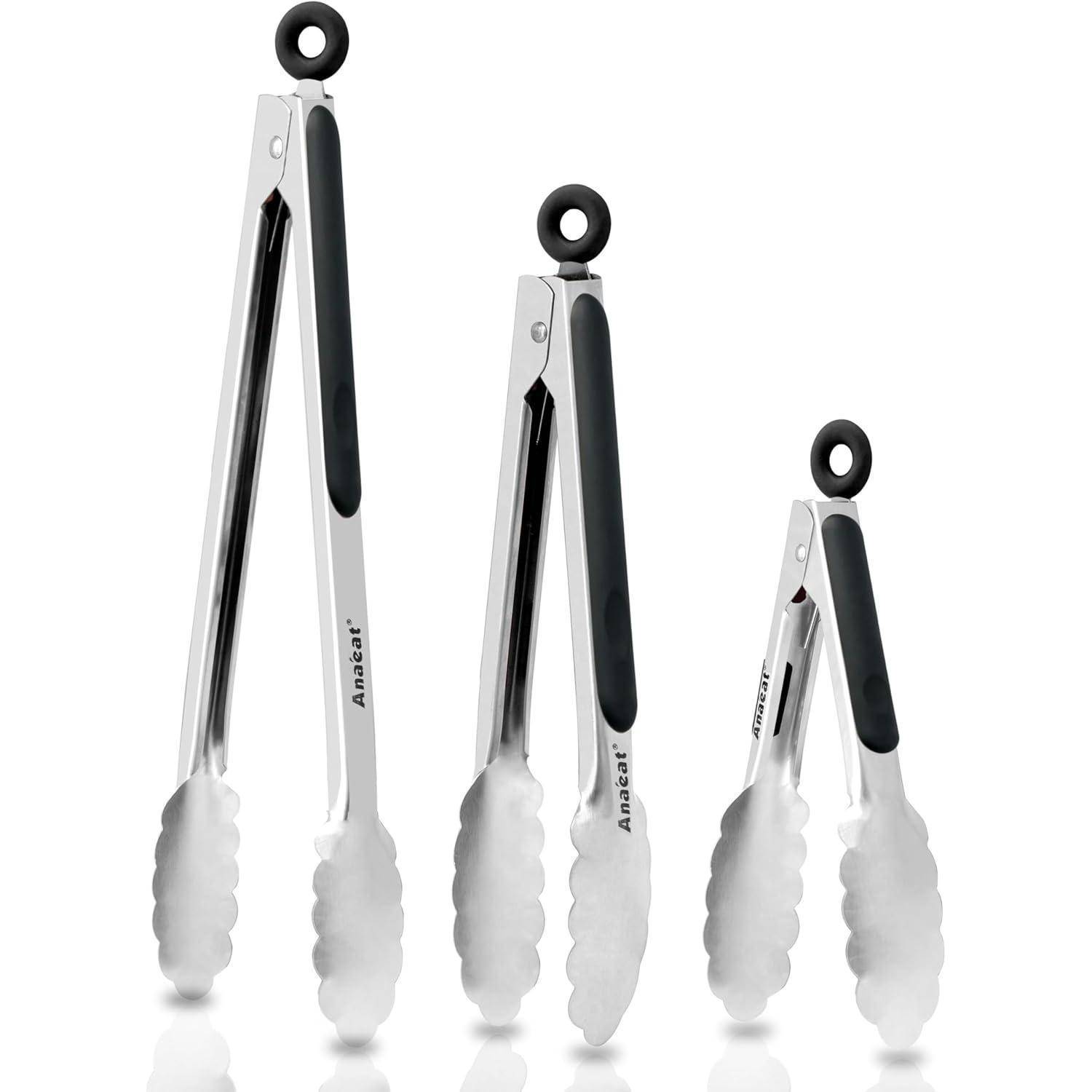 Küchenzange 3er Set Edelstahl Silikongriff (18+23+30 Cm) Schwarz