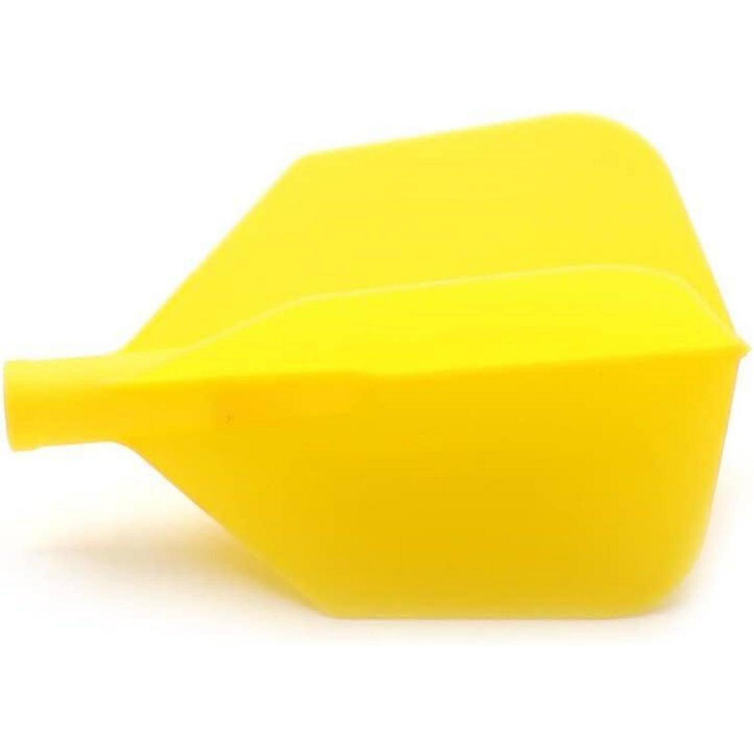 Ein hellgelber, rechteckiger Plastrichtrichter mit einem Ausguss an einem Ende, der zum Leiten von Flüssigkeiten oder kleinen Gegenständen in Behälter verwendet wird.
