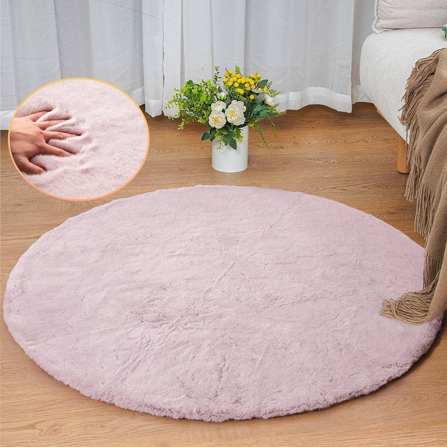 Teppich Fellteppich Bettvorleger Flauschig 120 cm (Rund) Rosa Altrosa