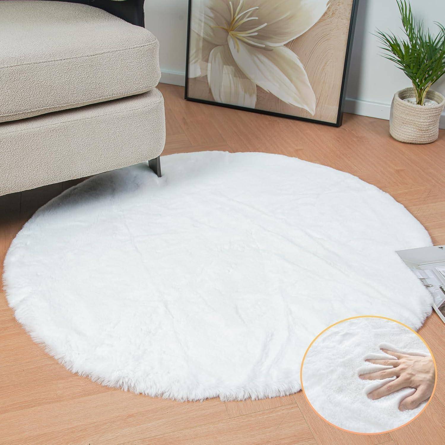 Teppich Fellteppich Kunstfell waschbar Bettvorleger 120 cm (Rund) Weiß