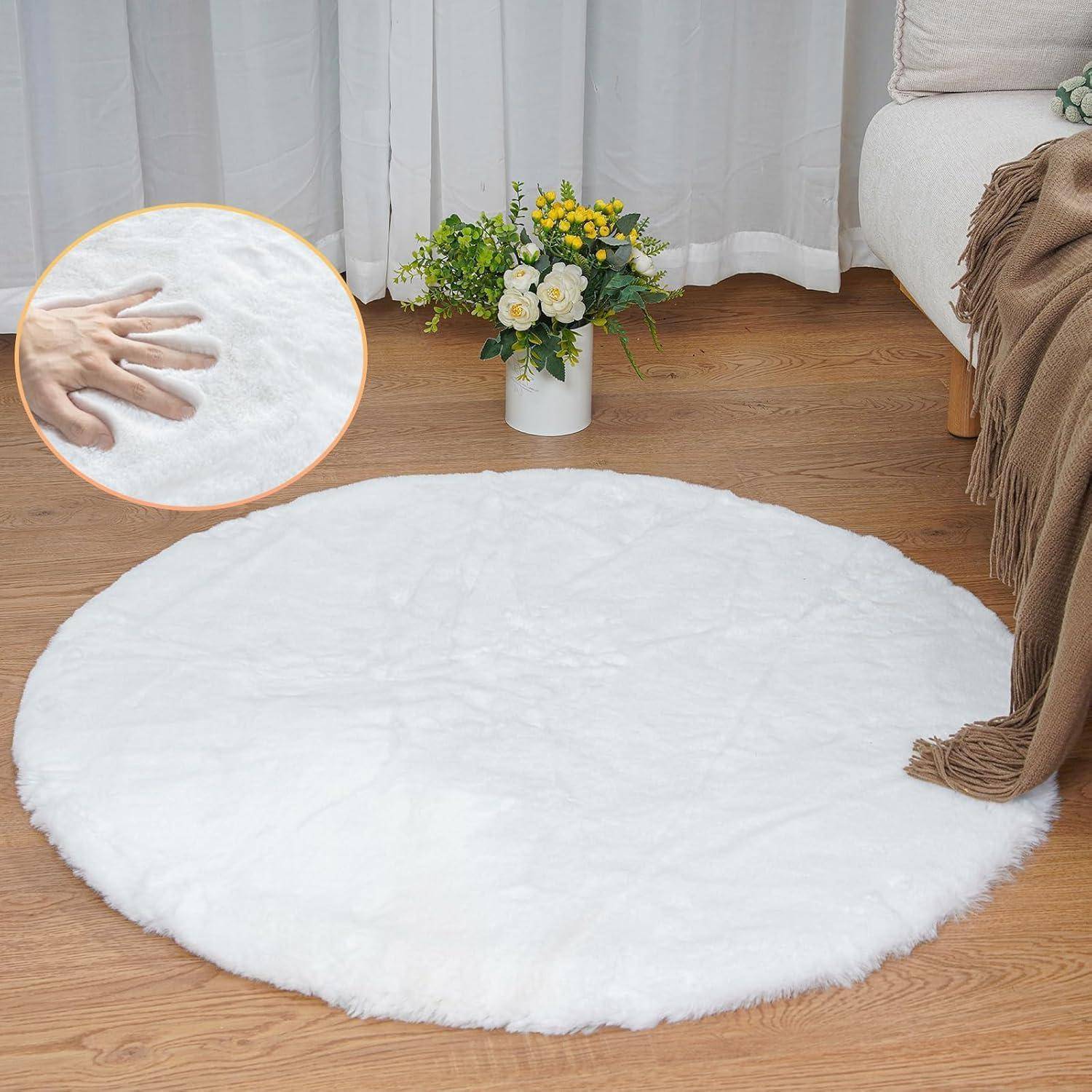 Teppich Fellteppich Kunstfell waschbar Bettvorleger 120 cm (Rund) Weiß